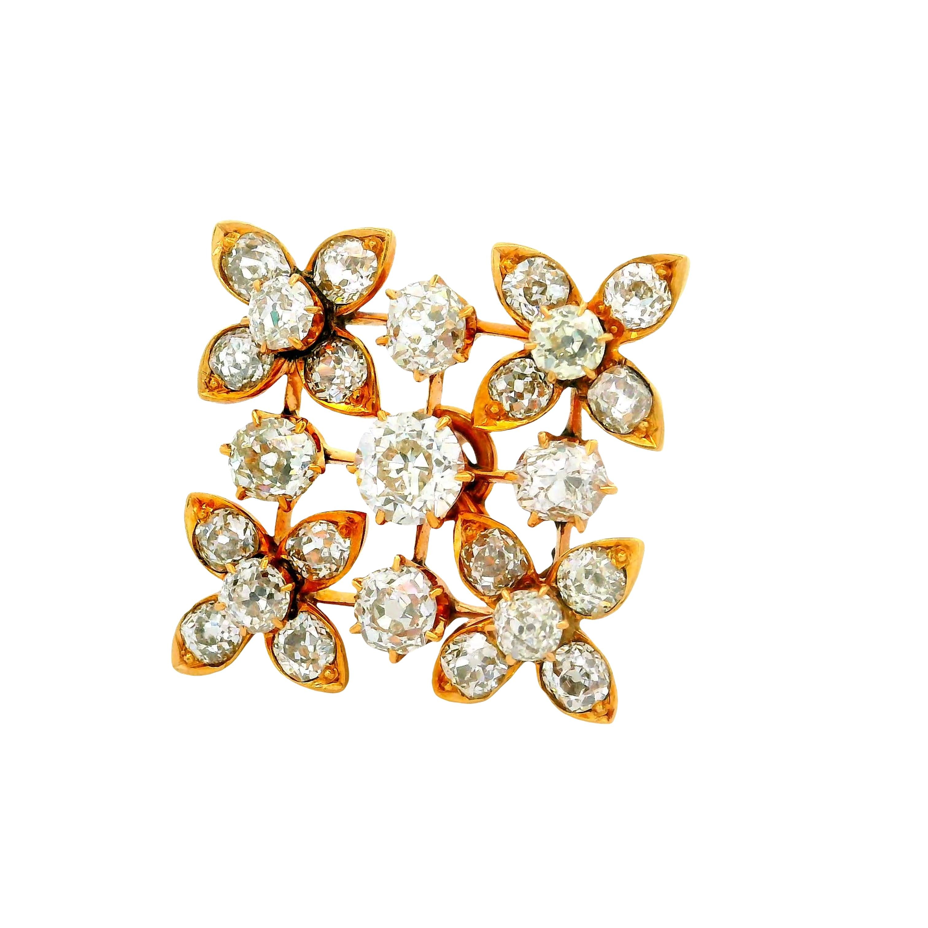 Victorian Diamond 14K Yellow Gold Flower Pendant Brooch