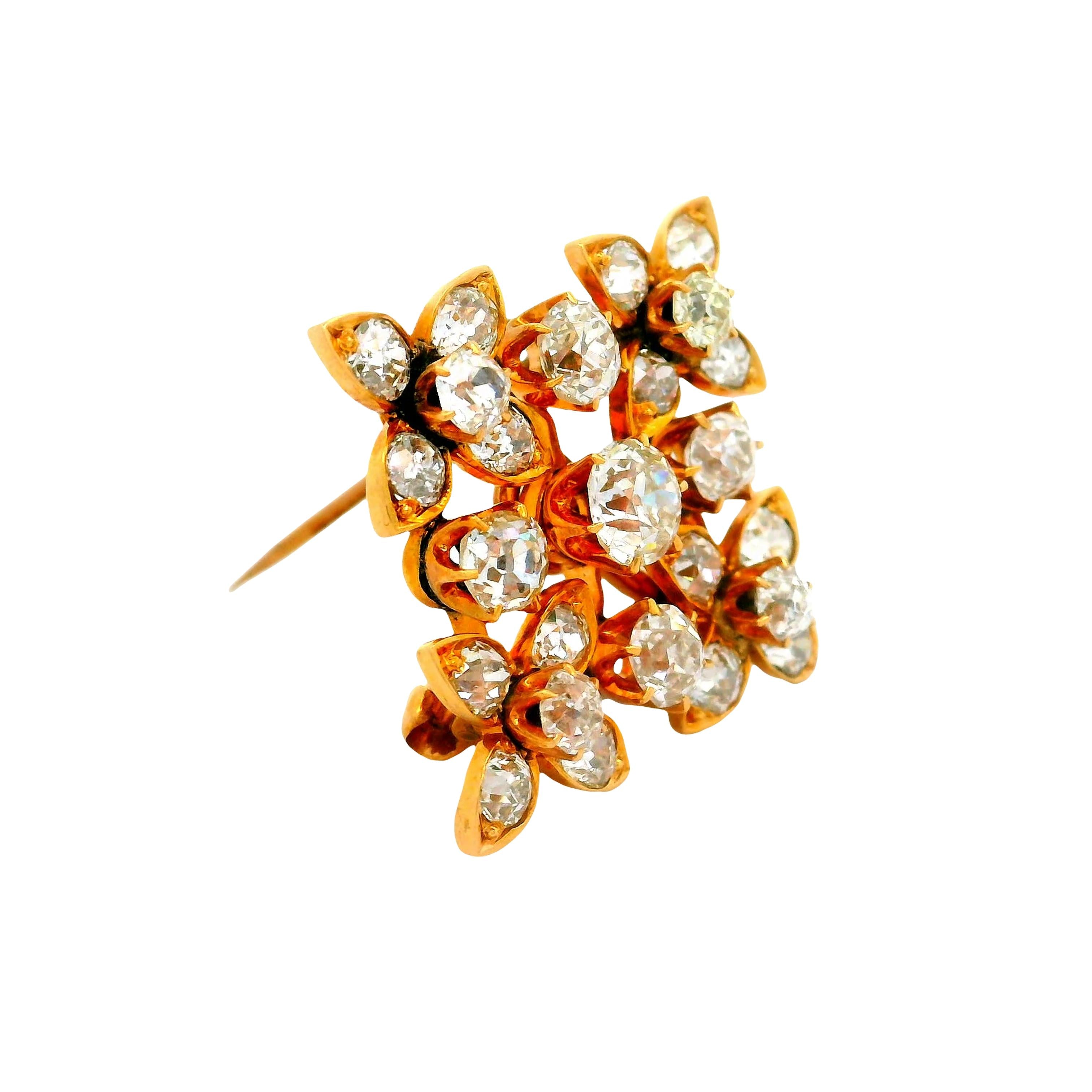 Victorian Diamond 14K Yellow Gold Flower Pendant Brooch