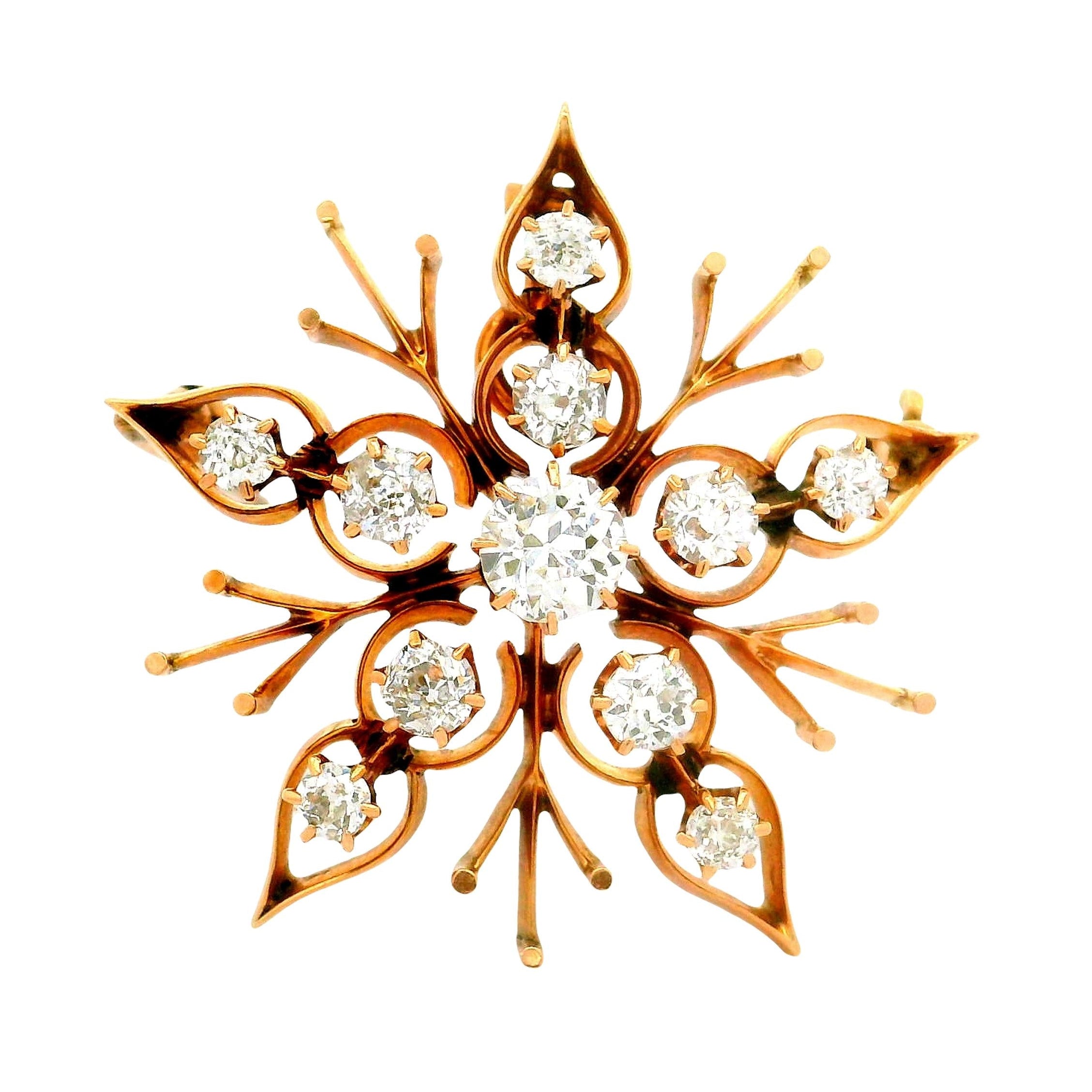 Victorian Diamond 14K Yellow Gold Snowflake Pendant Brooch
