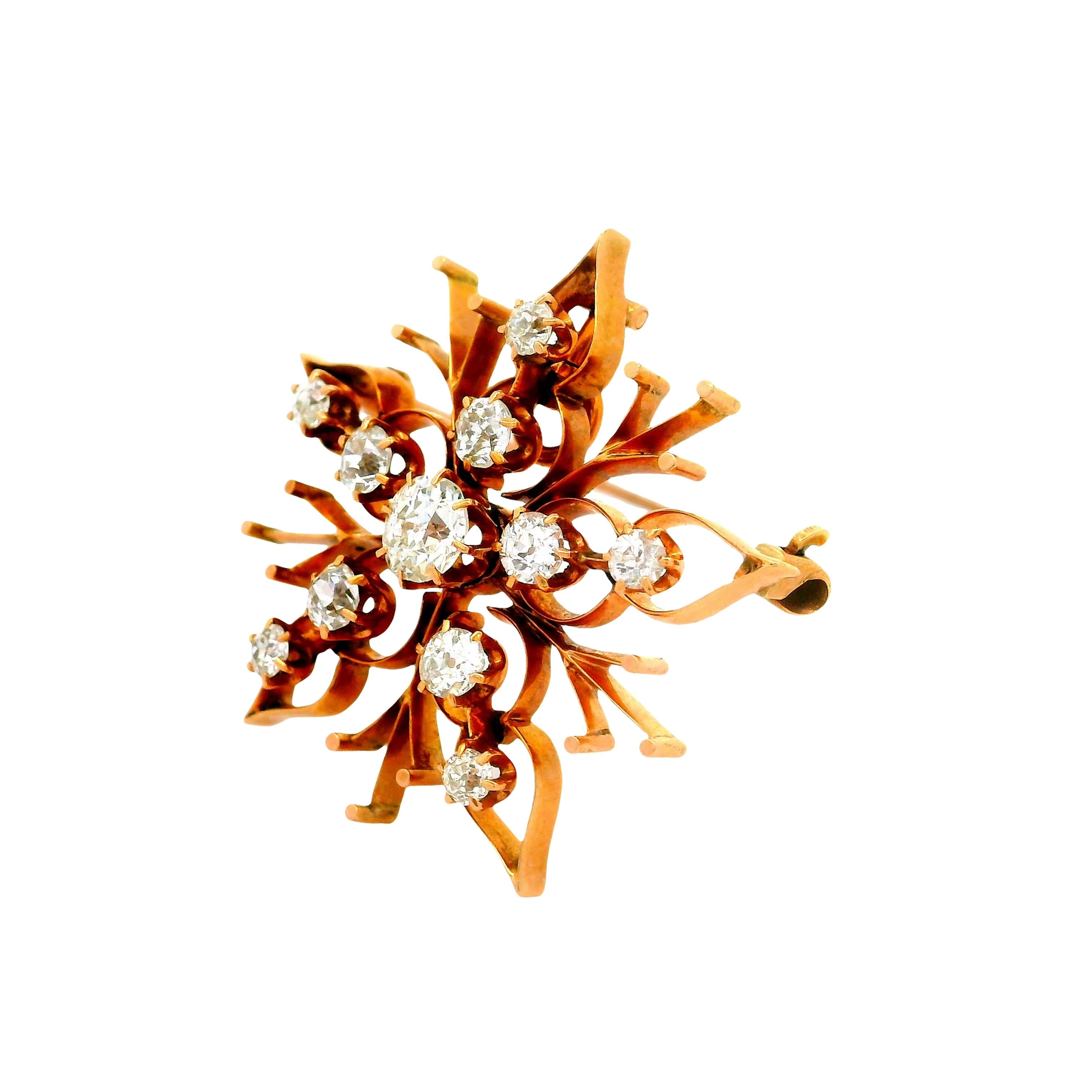 Victorian Diamond 14K Yellow Gold Snowflake Pendant Brooch