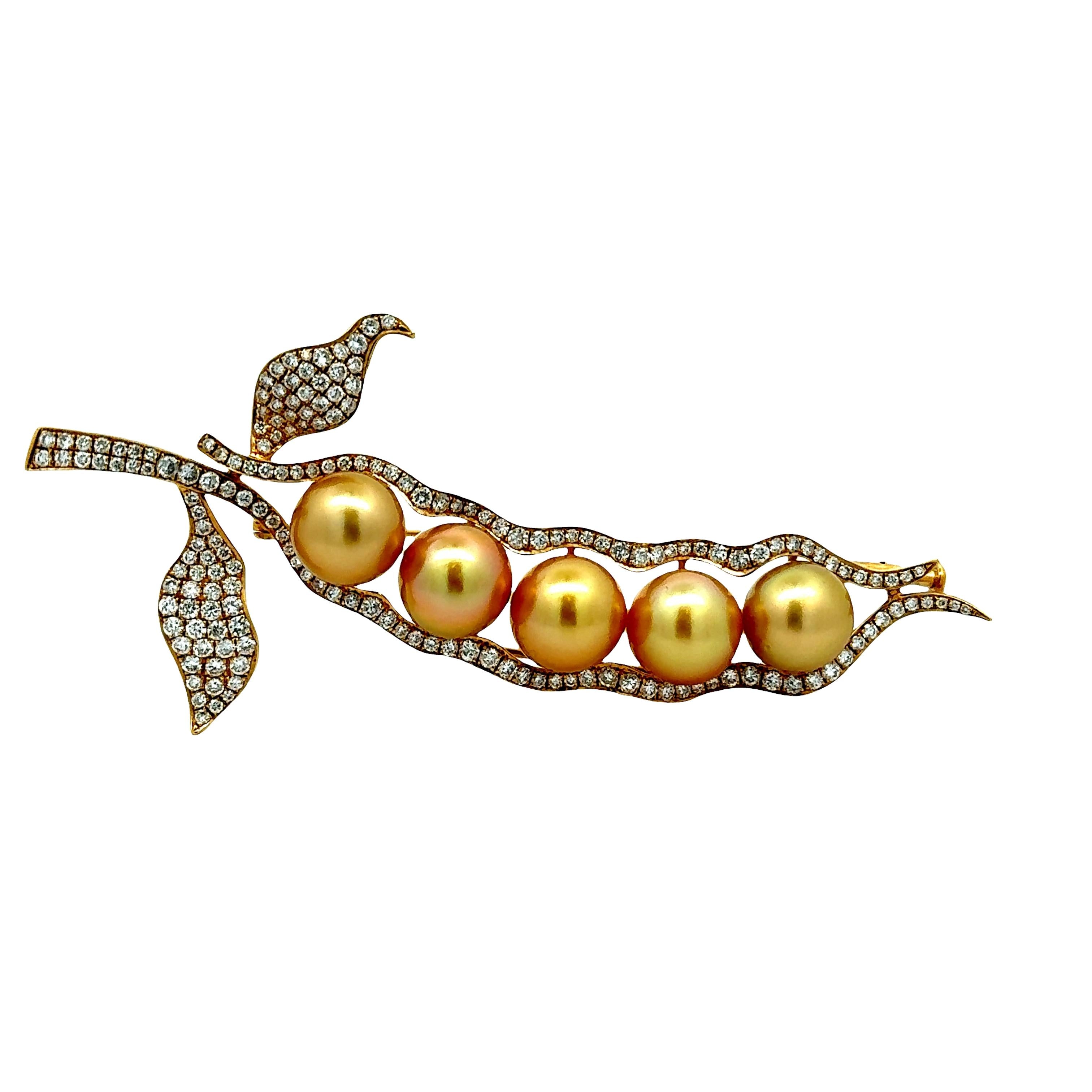 Golden South Sea Pearl Diamond 18K Yellow Gold Pea Pod Brooch-Pendant