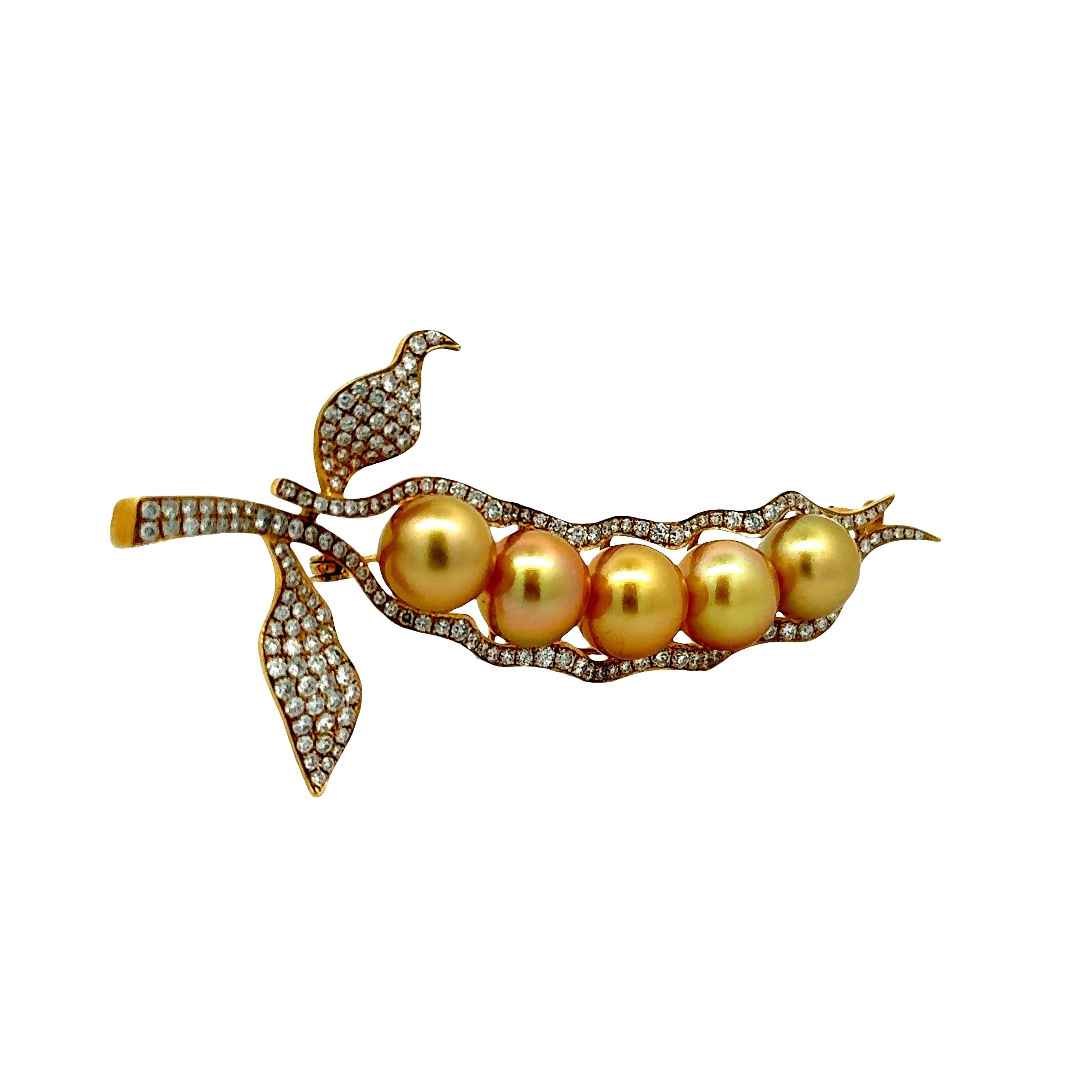 Golden South Sea Pearl Diamond 18K Yellow Gold Pea Pod Brooch-Pendant