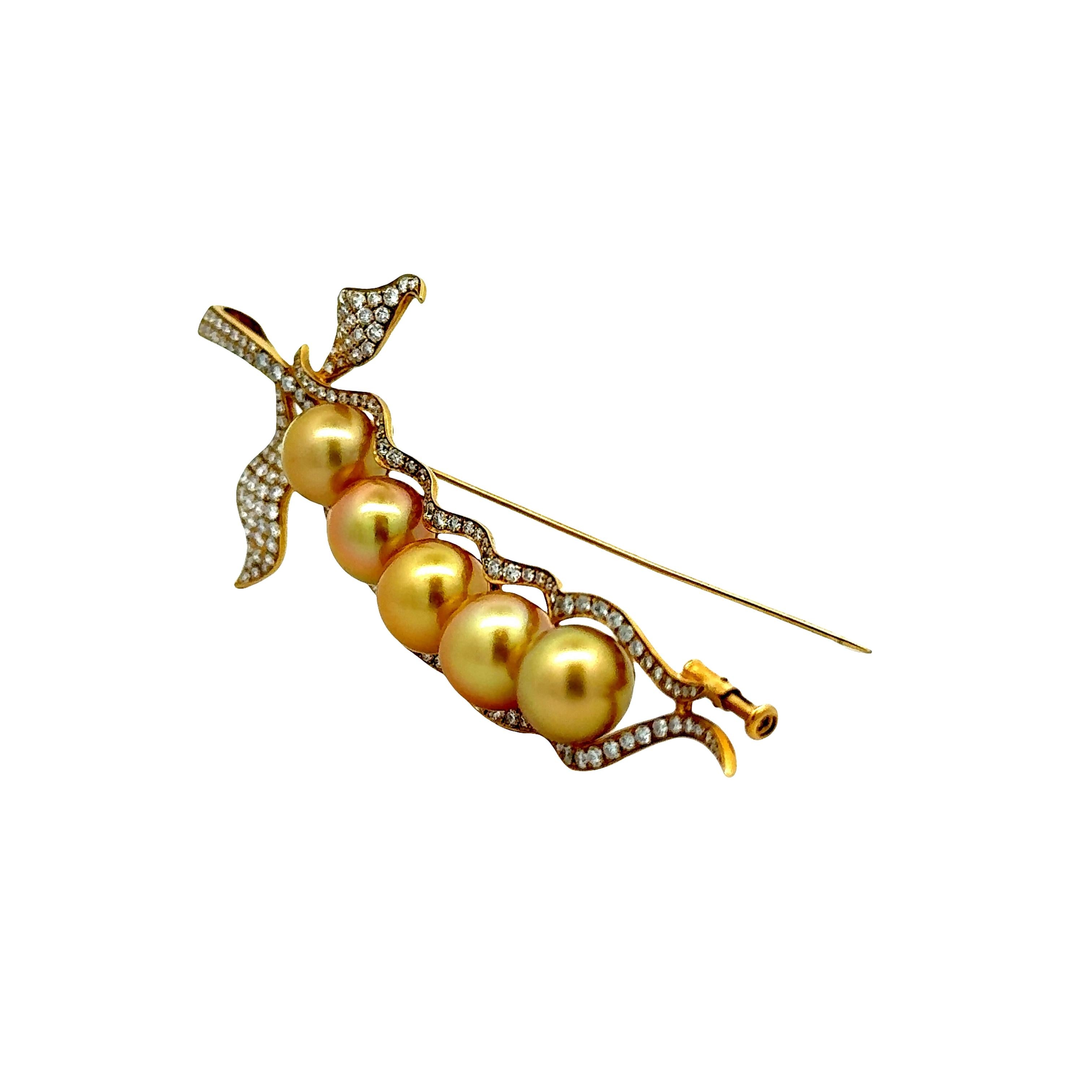 Golden South Sea Pearl Diamond 18K Yellow Gold Pea Pod Brooch-Pendant