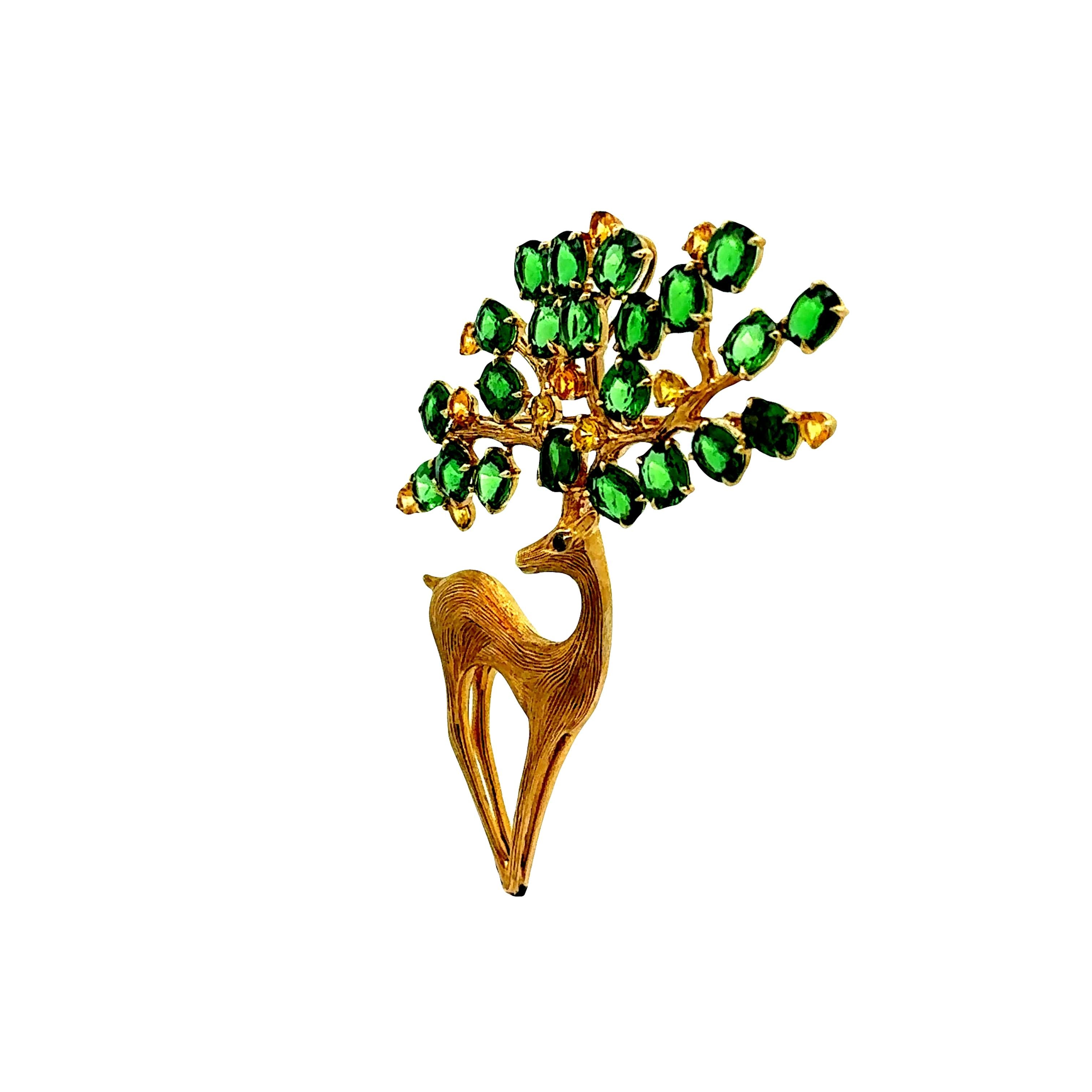 Tsavorite Sapphire 18K Yellow Gold Deer Brooch