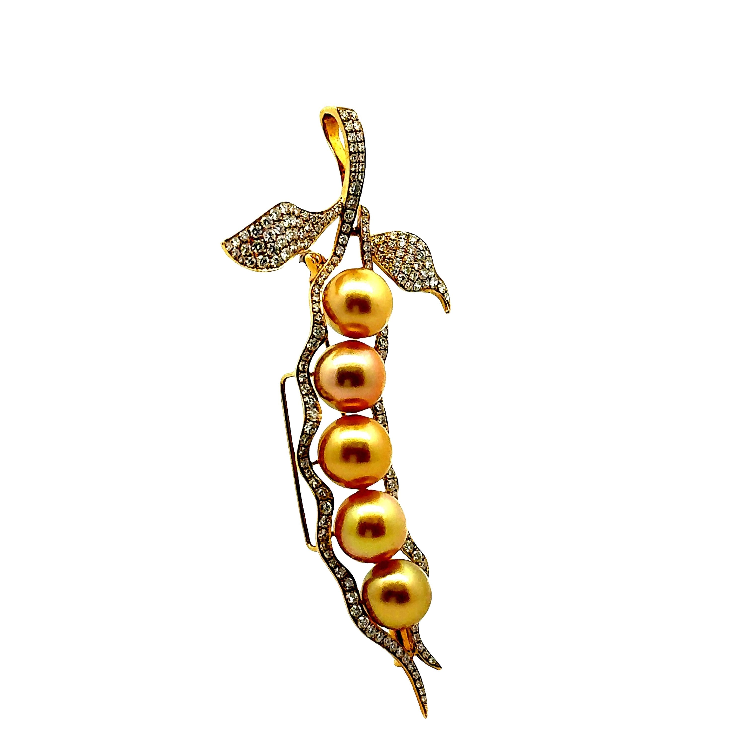 Golden South Sea Pearl Diamond 18K Yellow Gold Pea Pod Brooch-Pendant