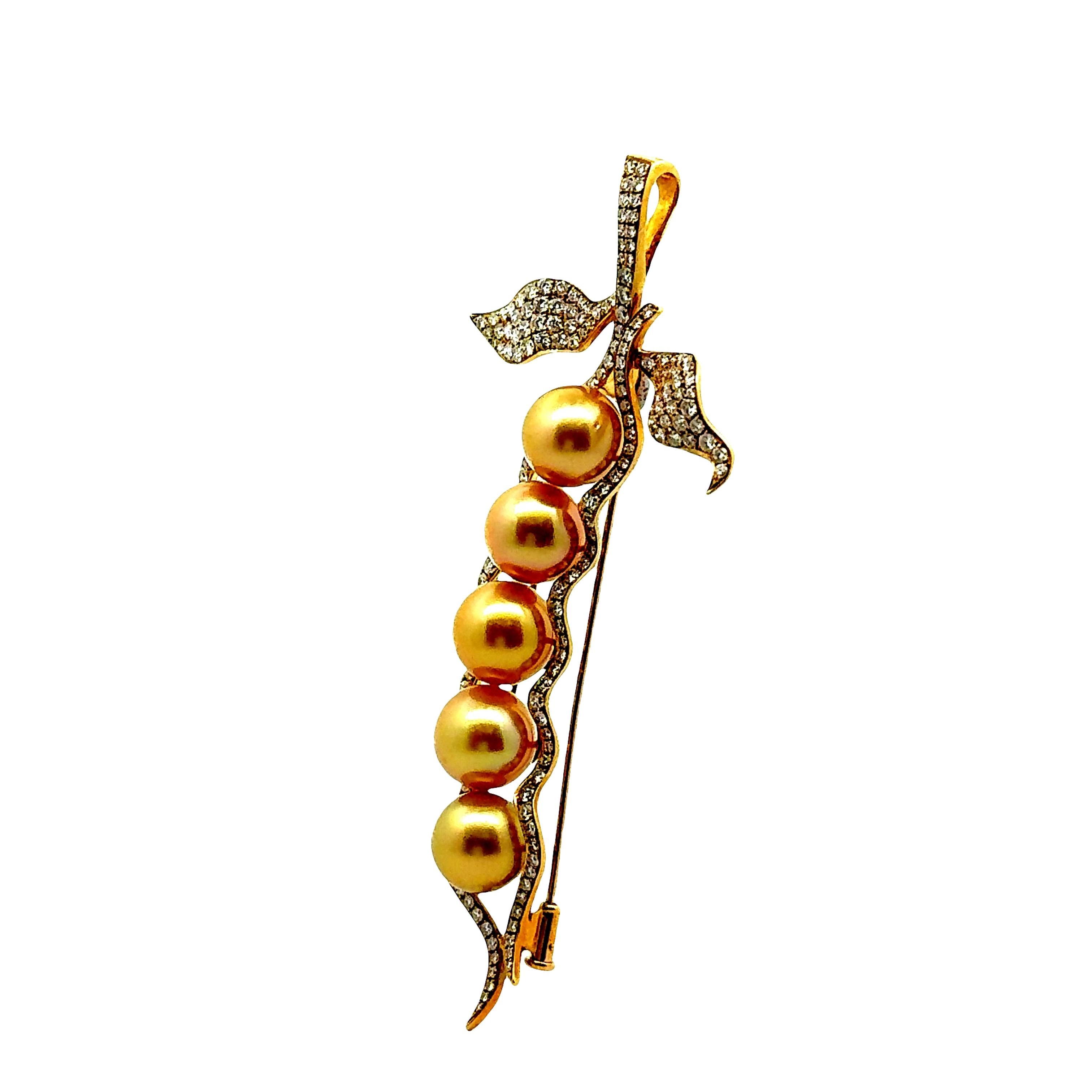 Golden South Sea Pearl Diamond 18K Yellow Gold Pea Pod Brooch-Pendant