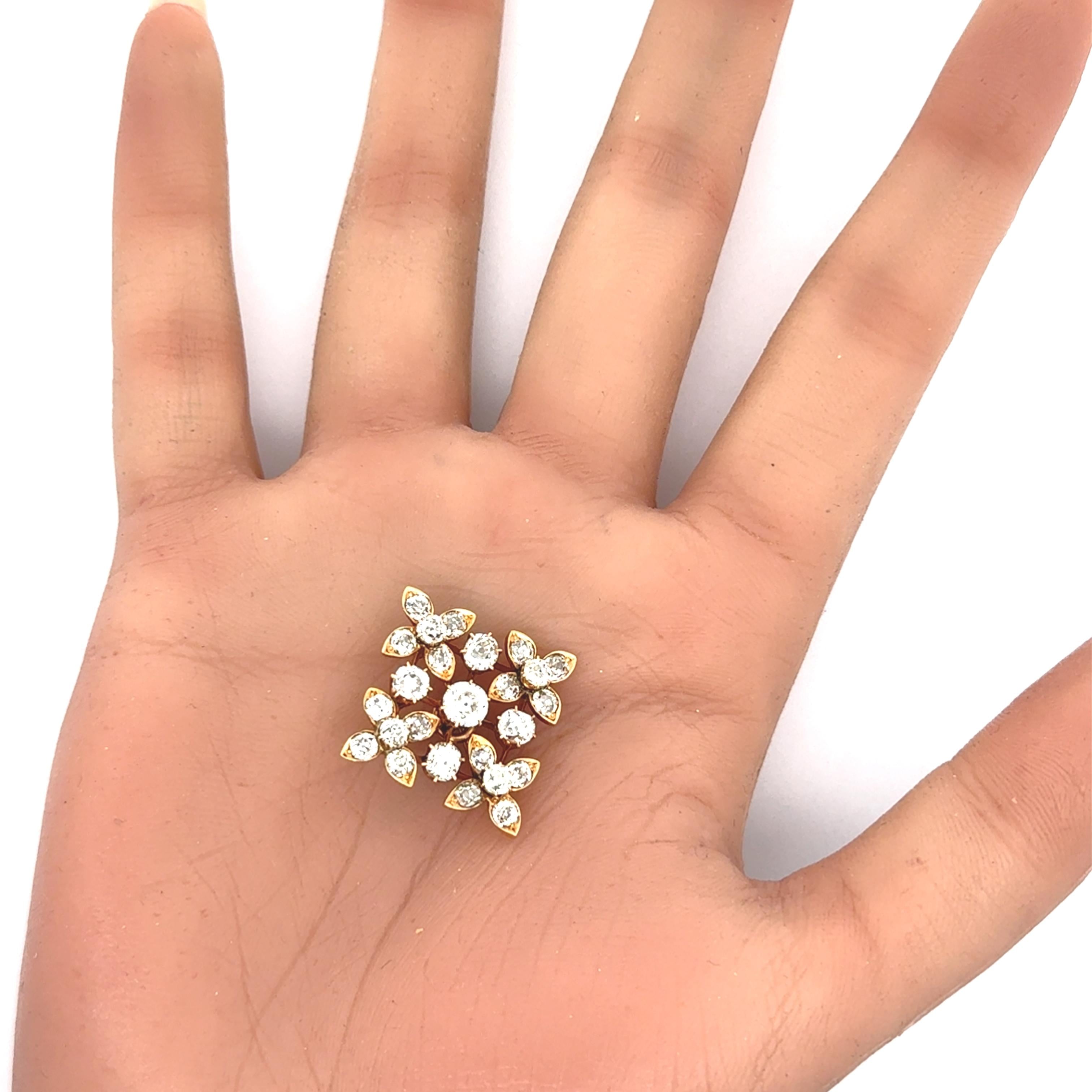 Victorian Diamond 14K Yellow Gold Flower Pendant Brooch