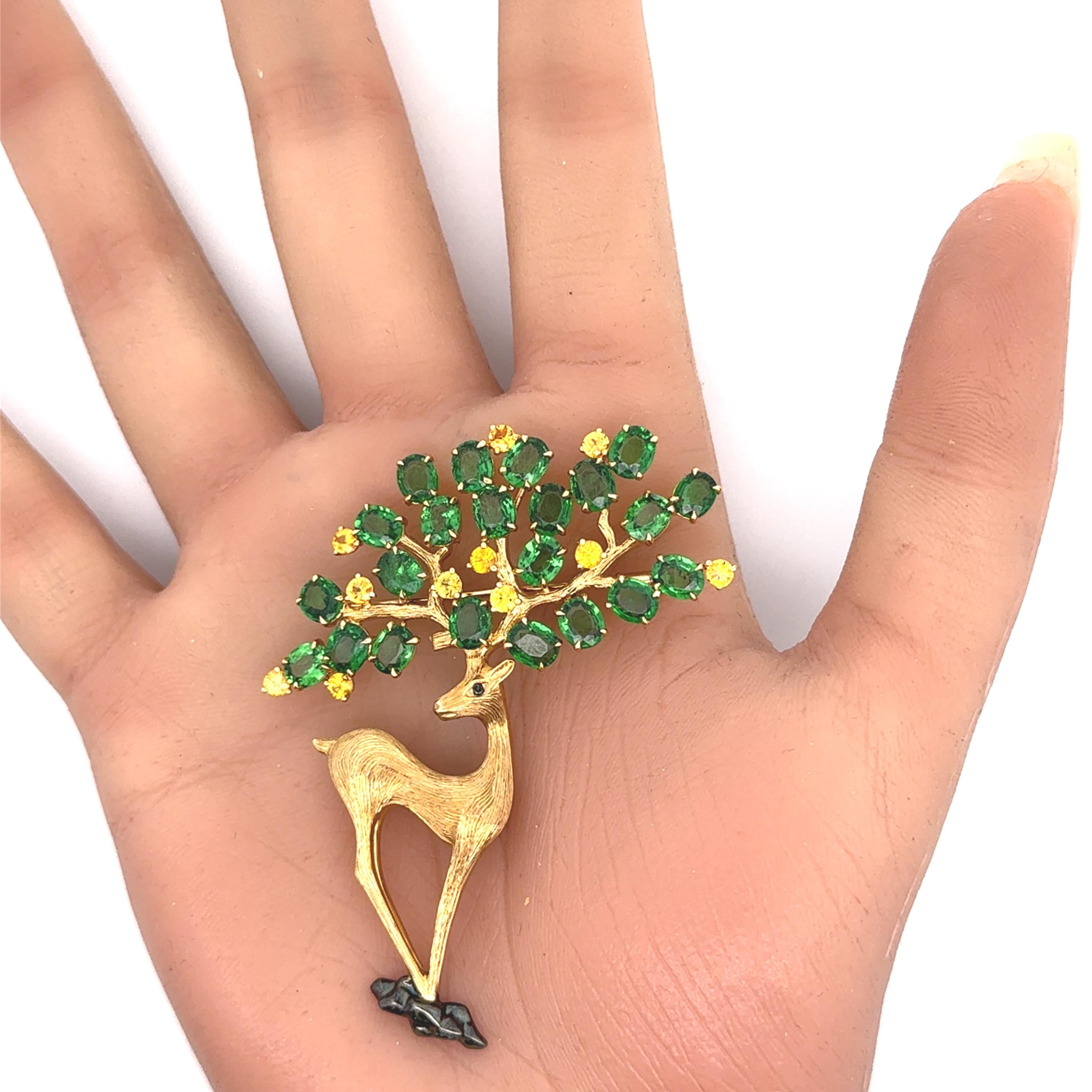 Tsavorite Sapphire 18K Yellow Gold Deer Brooch