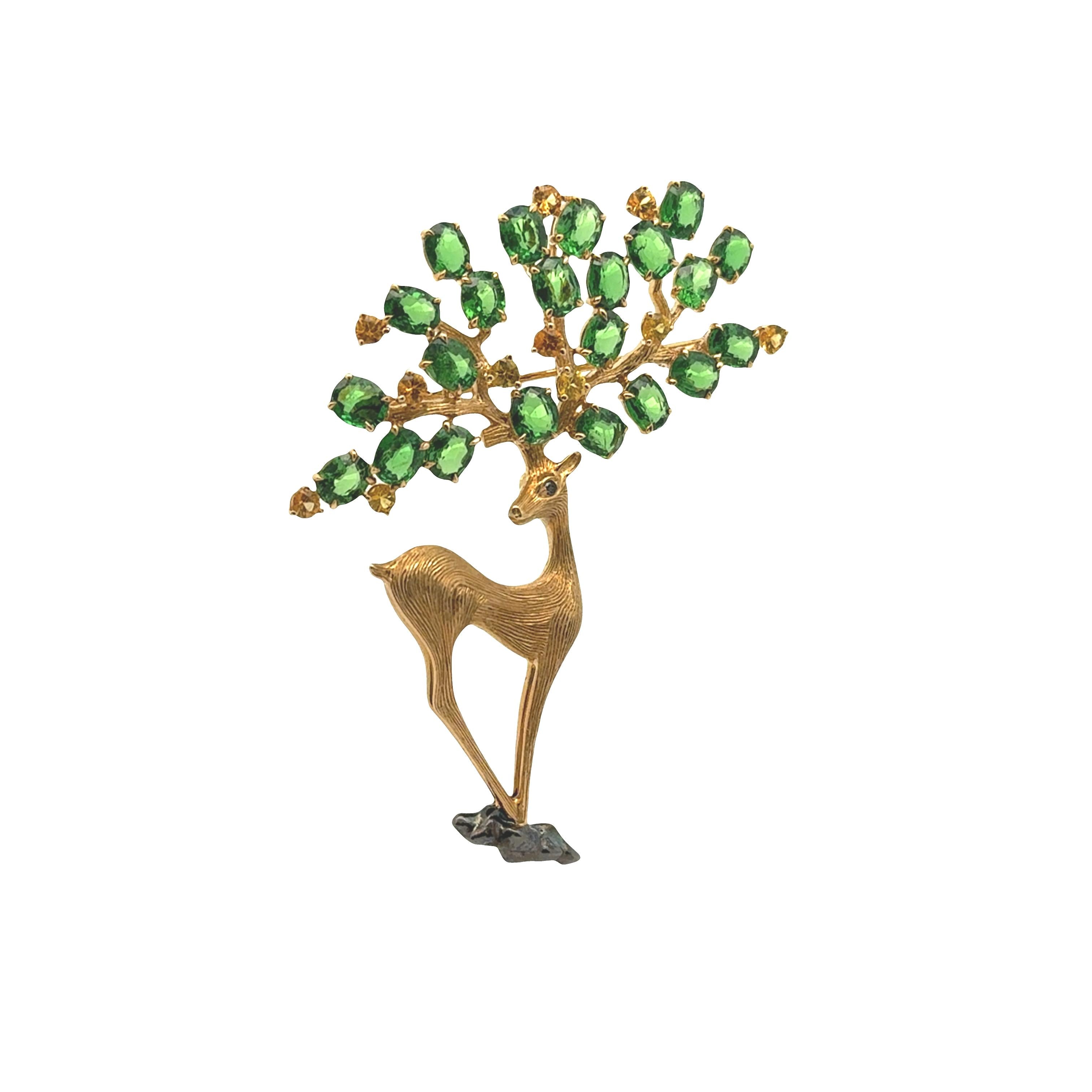 Tsavorite Sapphire 18K Yellow Gold Deer Brooch
