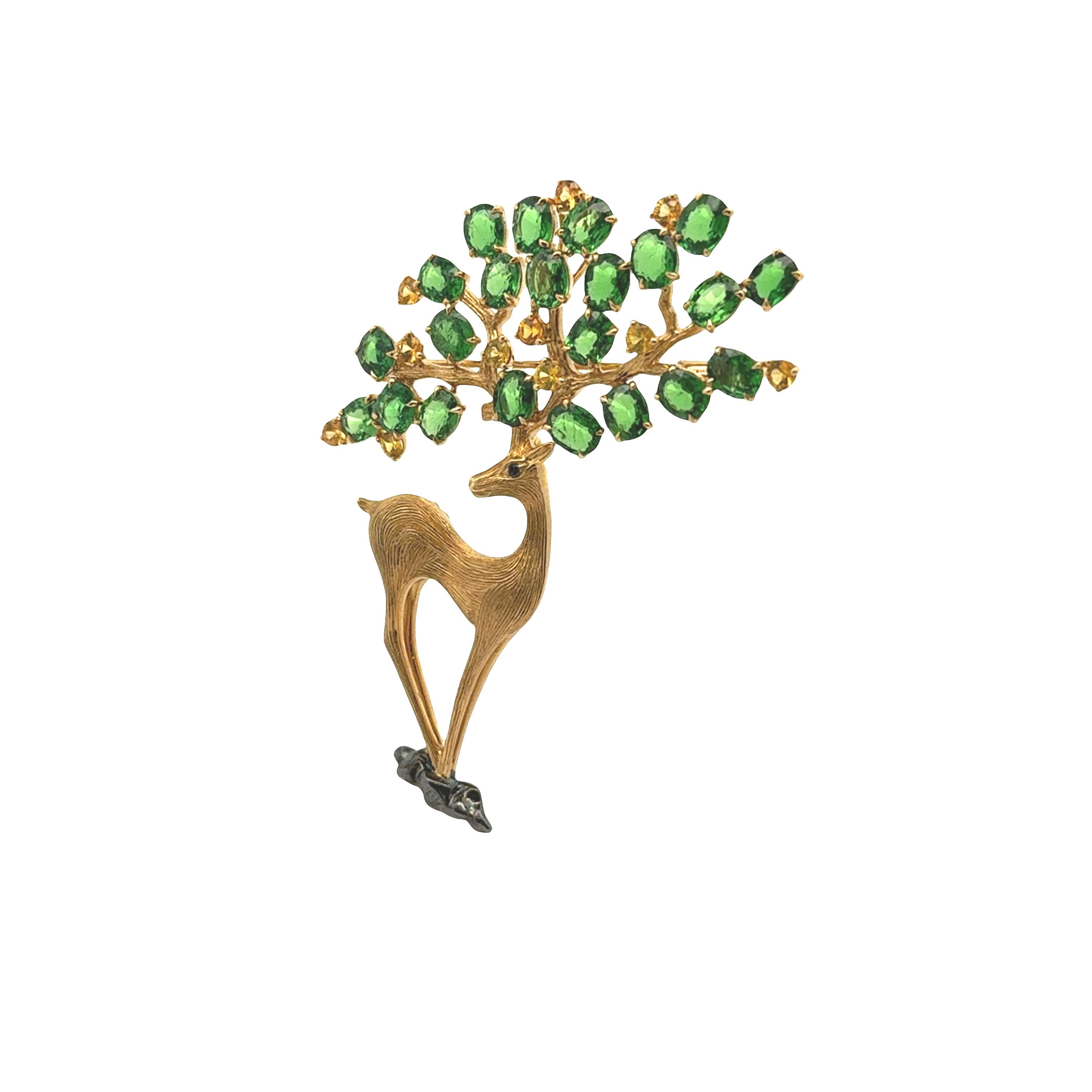 Tsavorite Sapphire 18K Yellow Gold Deer Brooch