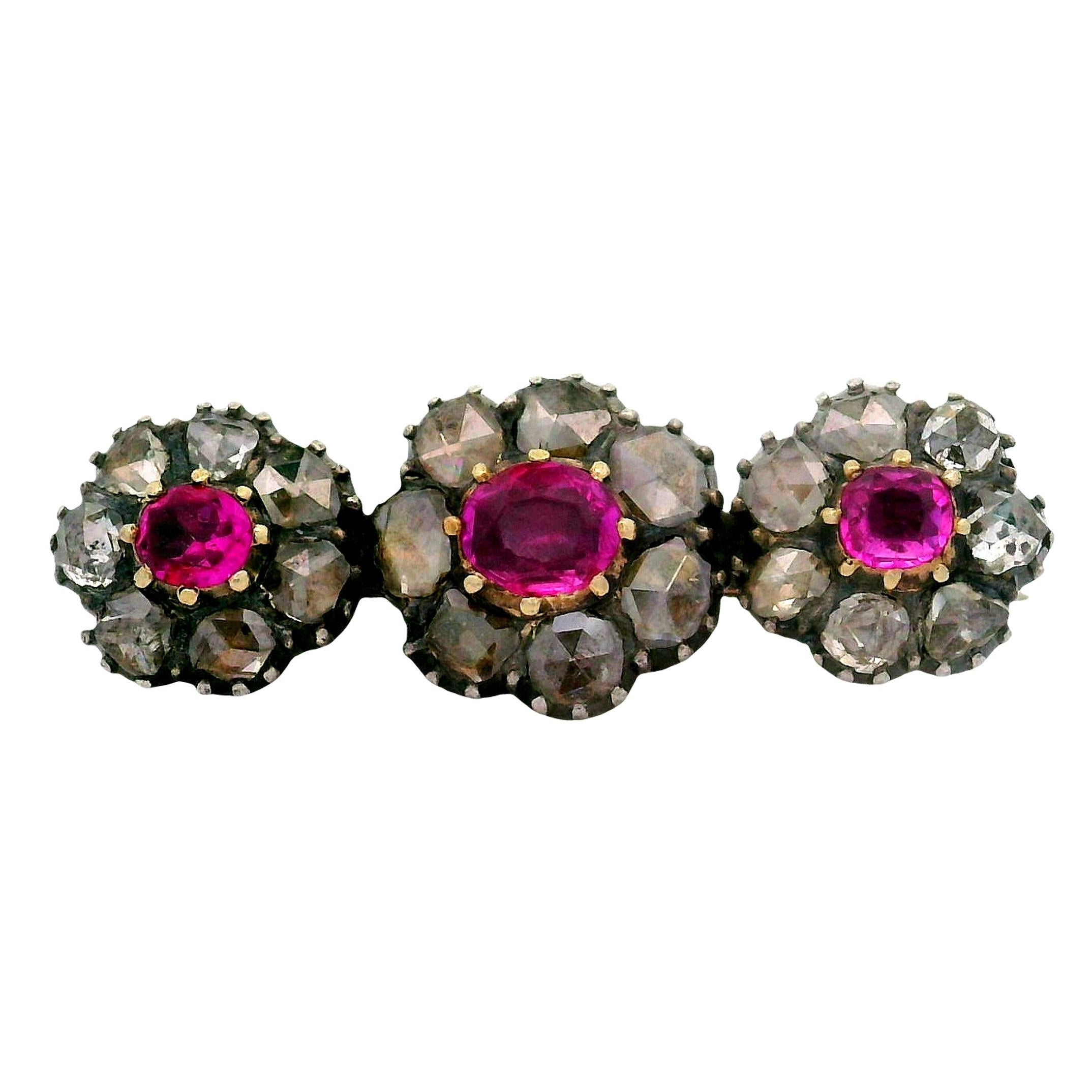 Antique Ruby Diamond 14K Gold Brooch