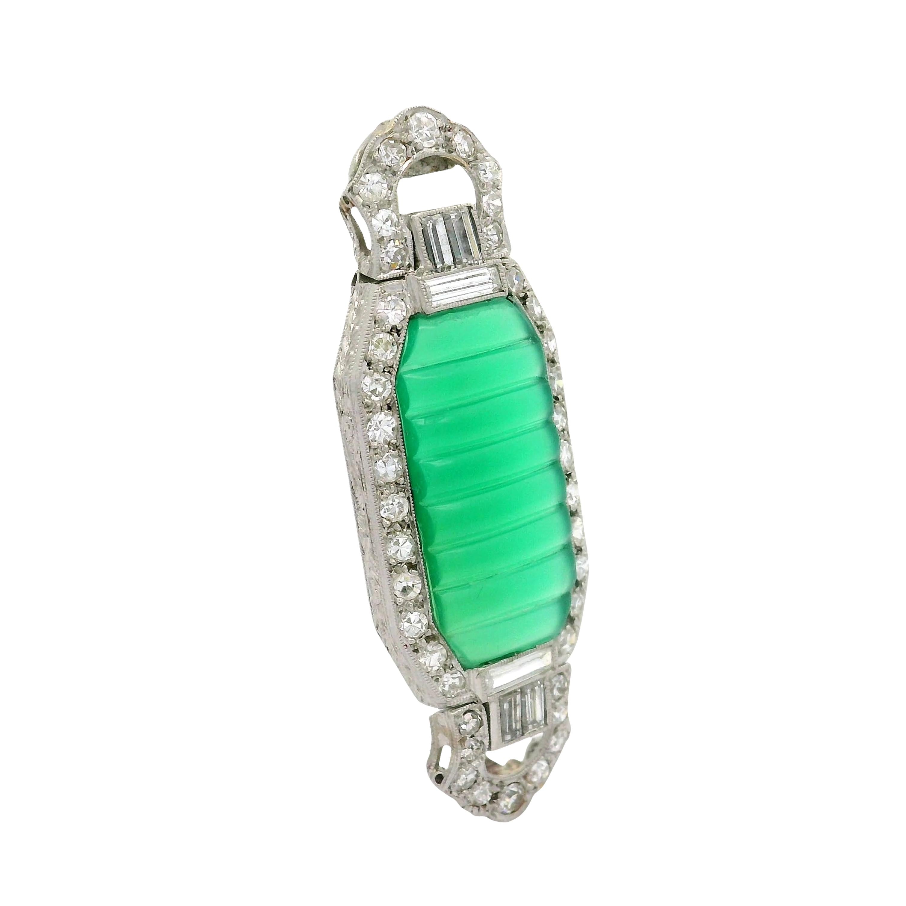 Art Deco Chrysoprase Diamond Platinum Brooch