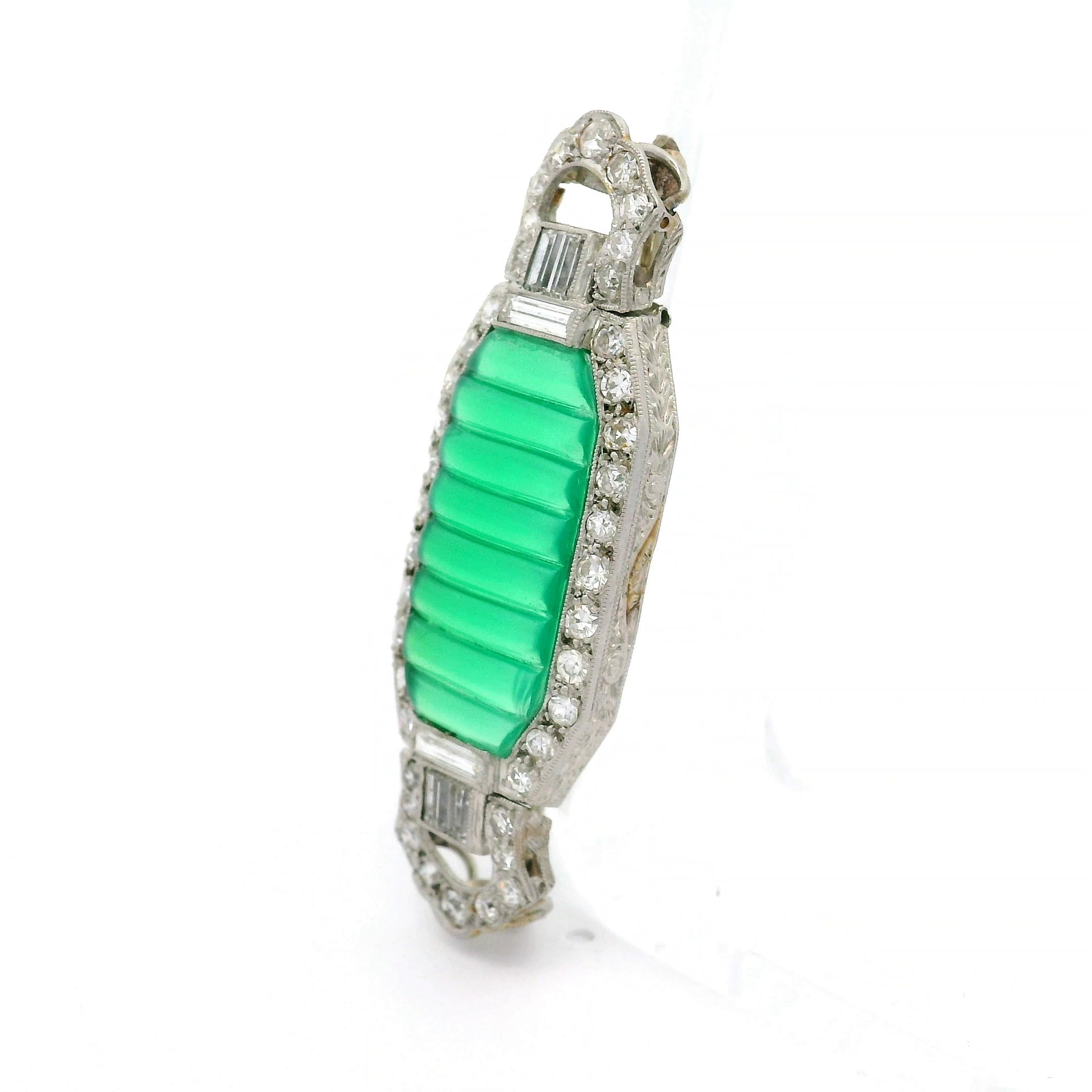 Art Deco Chrysoprase Diamond Platinum Brooch