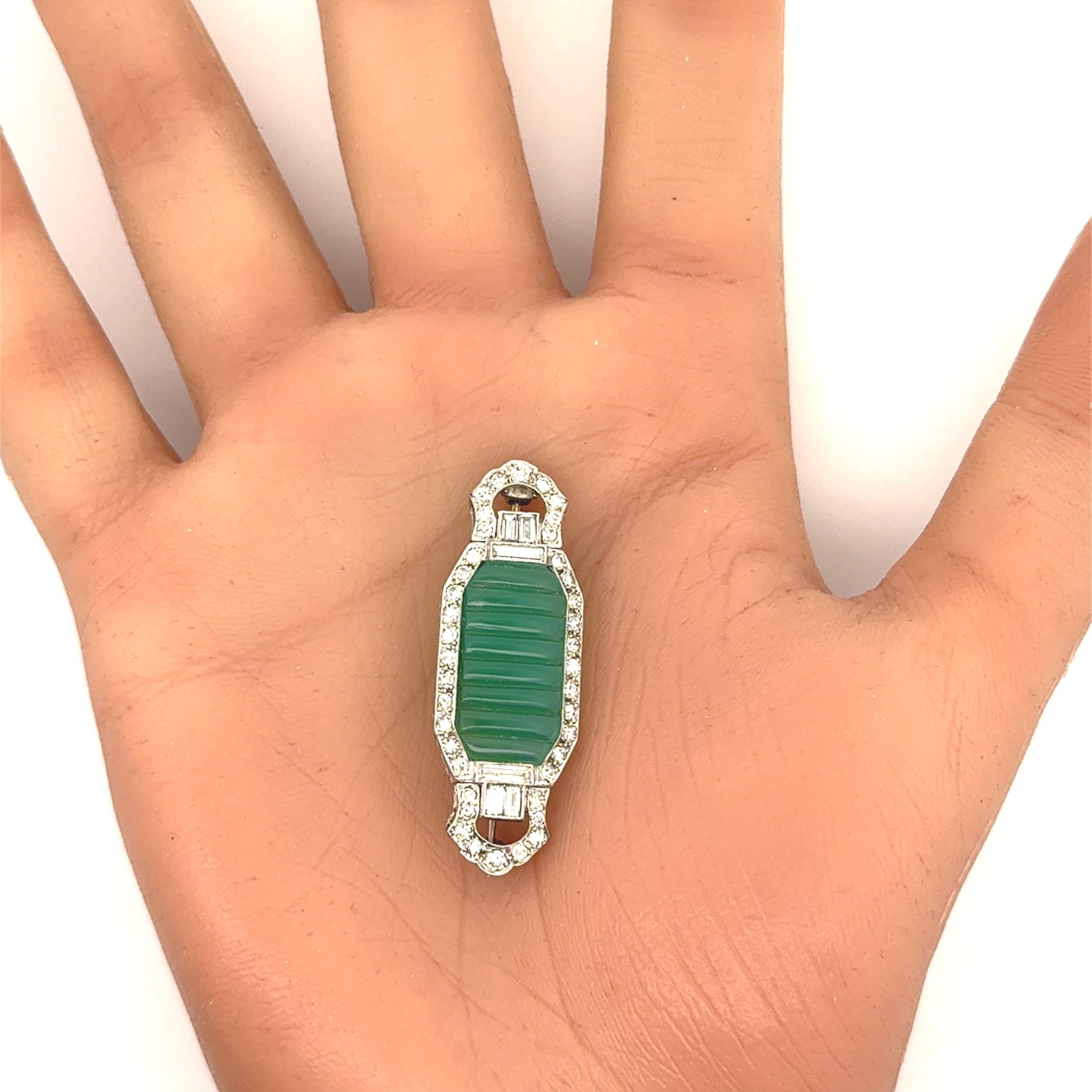 Art Deco Chrysoprase Diamond Platinum Brooch