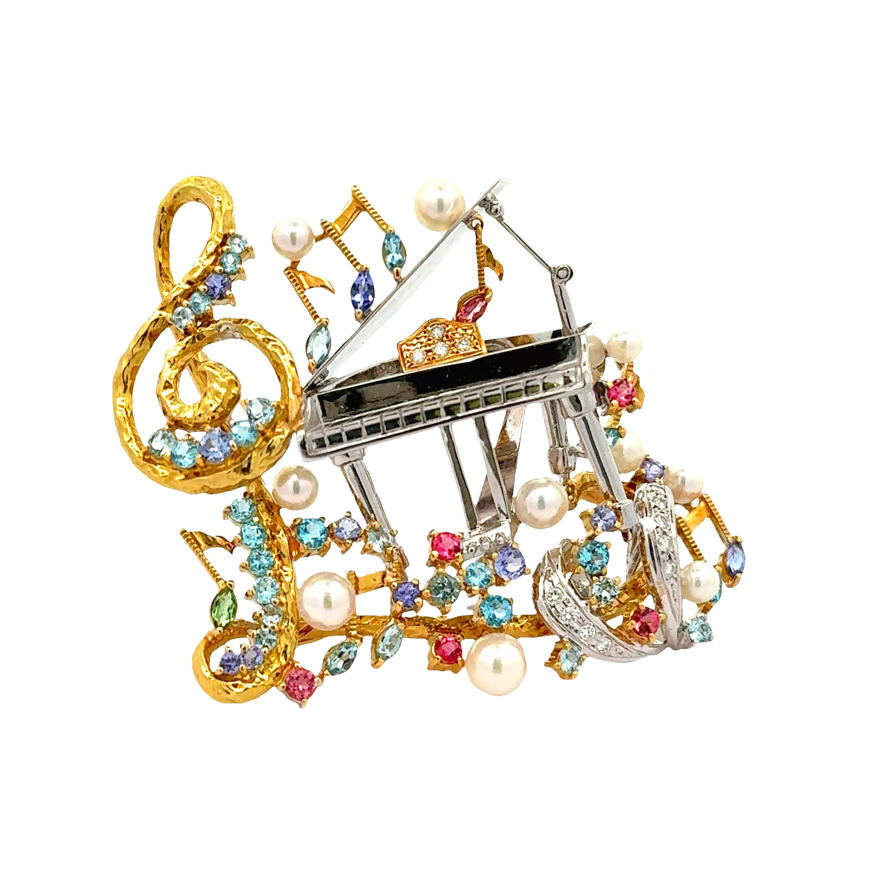 Multi-Colored Gemstones Diamond Pearl Gold Piano Musical Motif Brooch