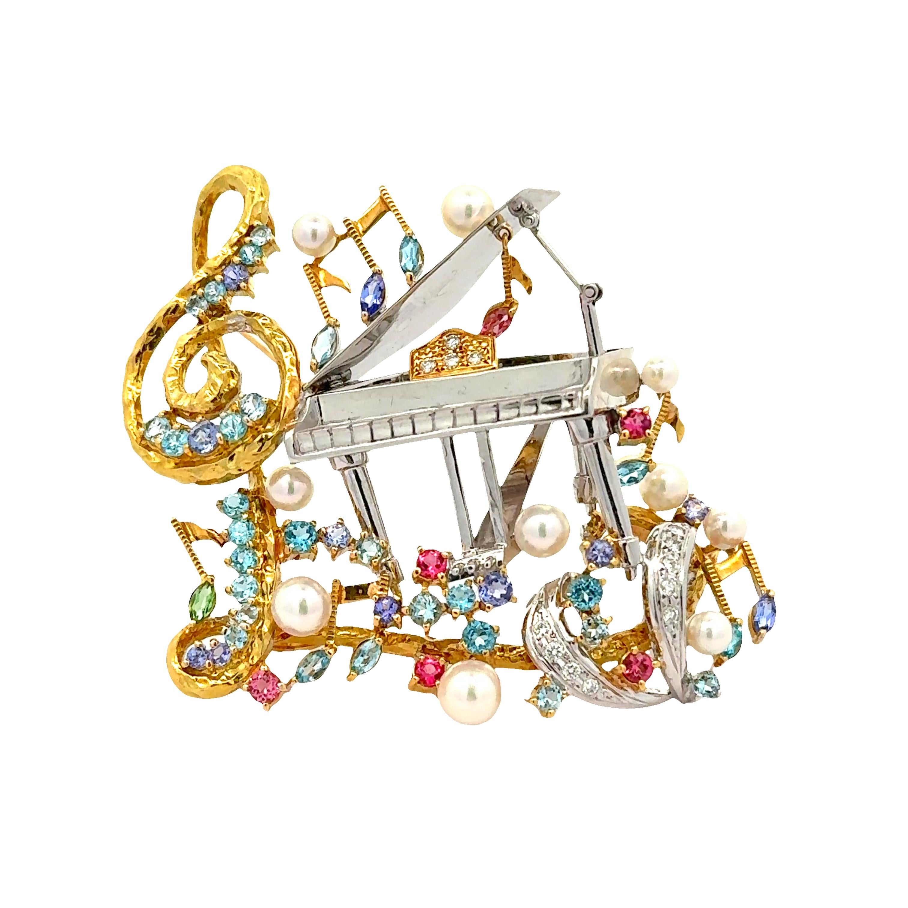 Multi-Colored Gemstones Diamond Pearl Gold Piano Musical Motif Brooch
