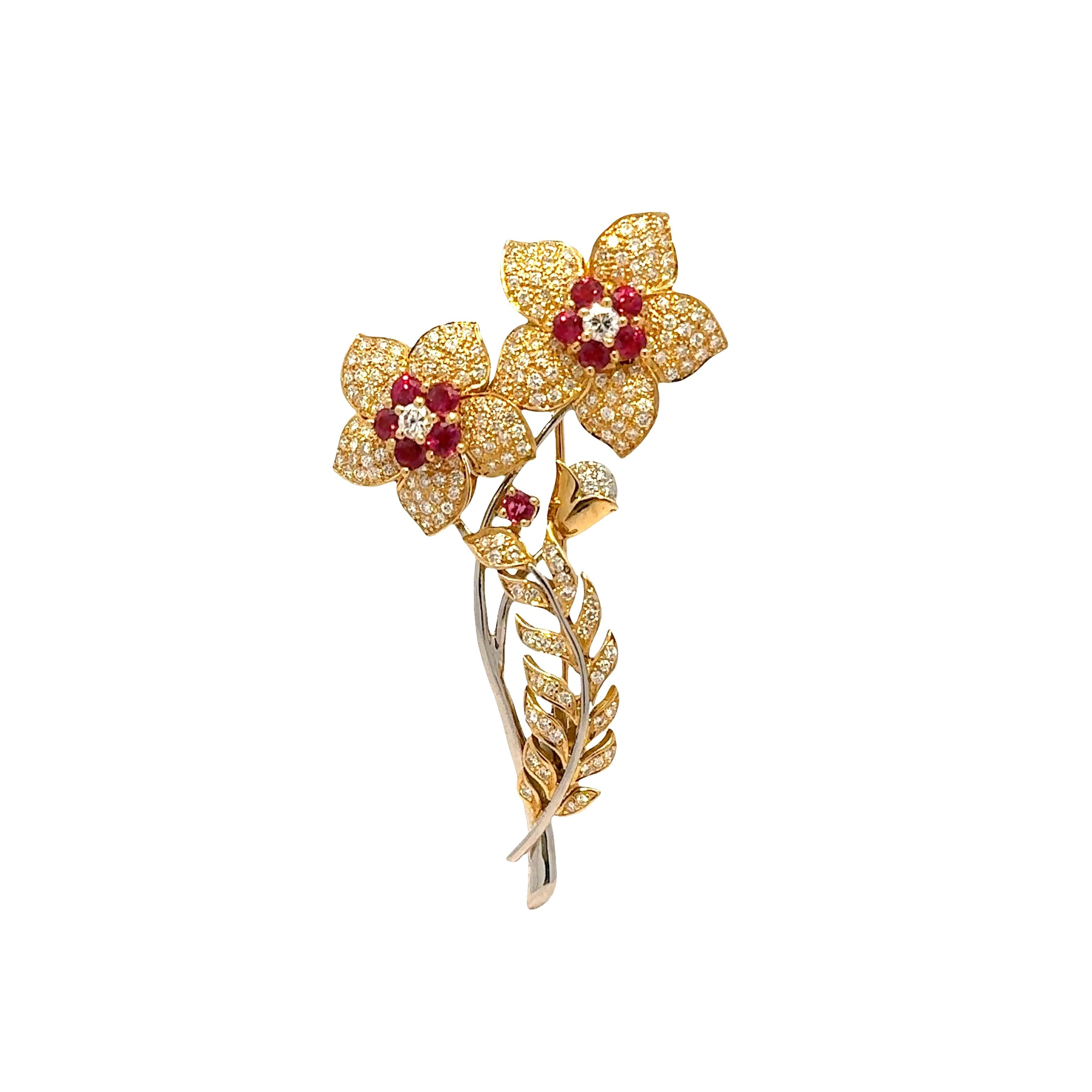 Diamond Ruby 18k Gold Platinum Bouquet Brooch