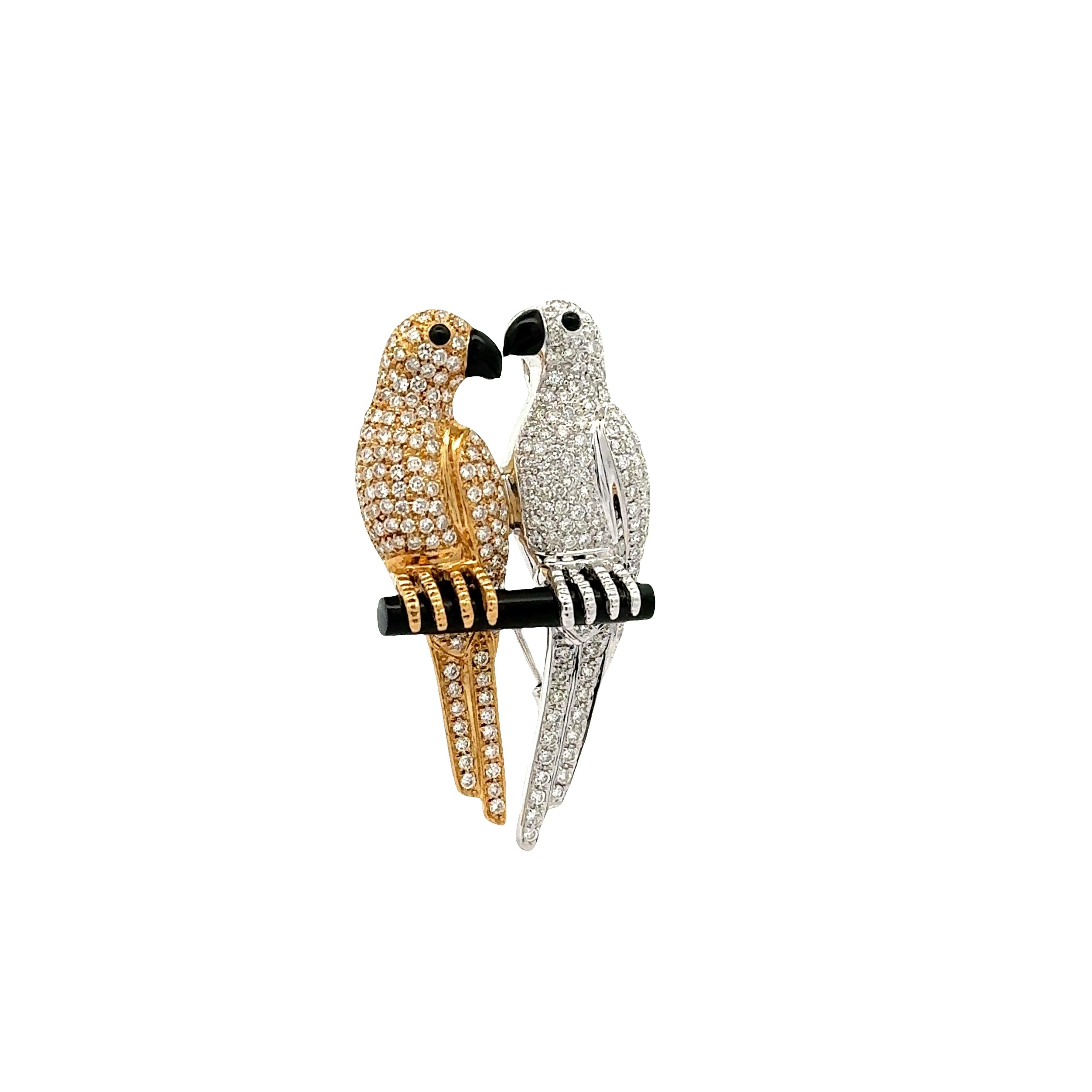 Diamond Onyx 18K Gold Two-Tone Lovebirds Pendant-Brooch