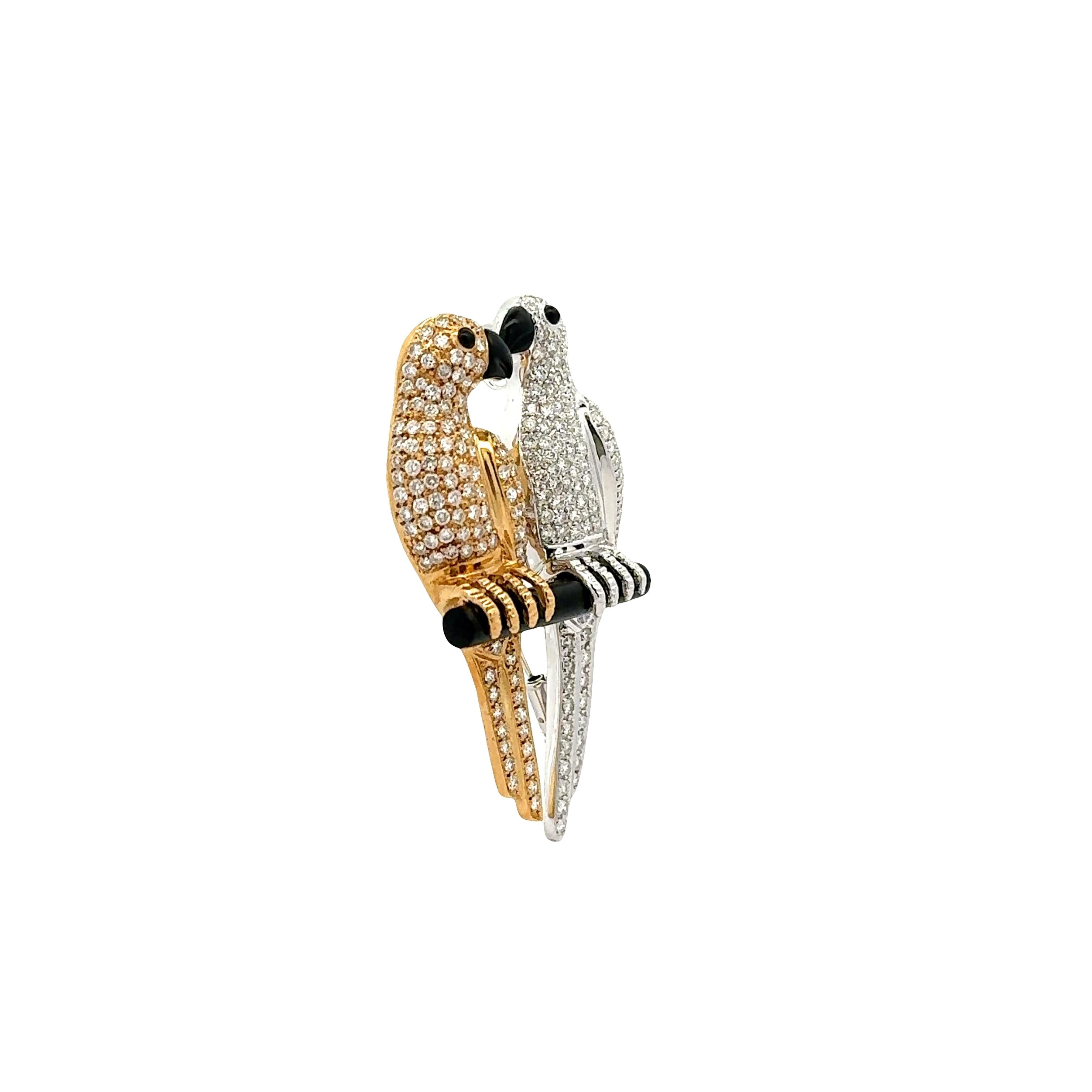 Diamond Onyx 18K Gold Two-Tone Lovebirds Pendant-Brooch