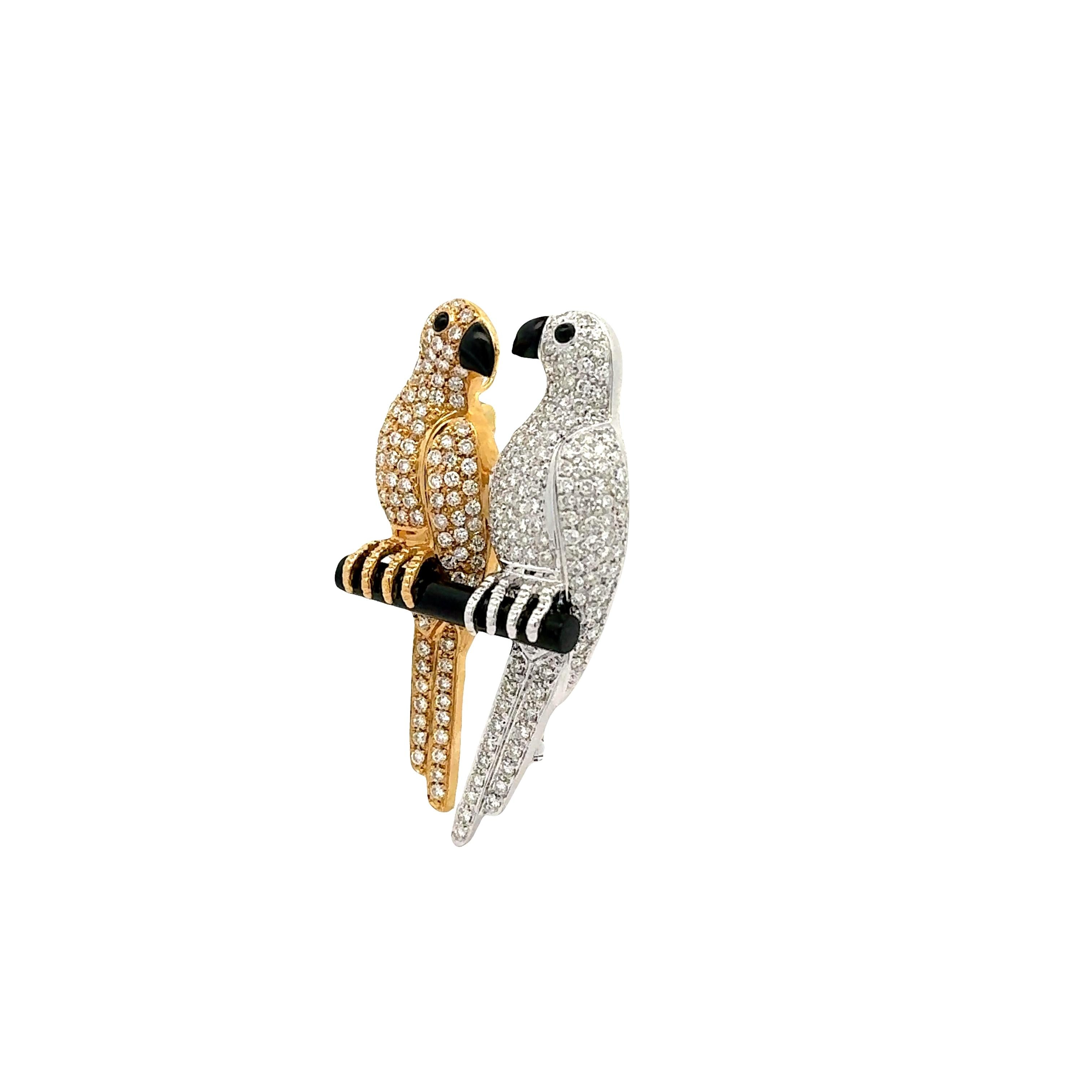 Diamond Onyx 18K Gold Two-Tone Lovebirds Pendant-Brooch