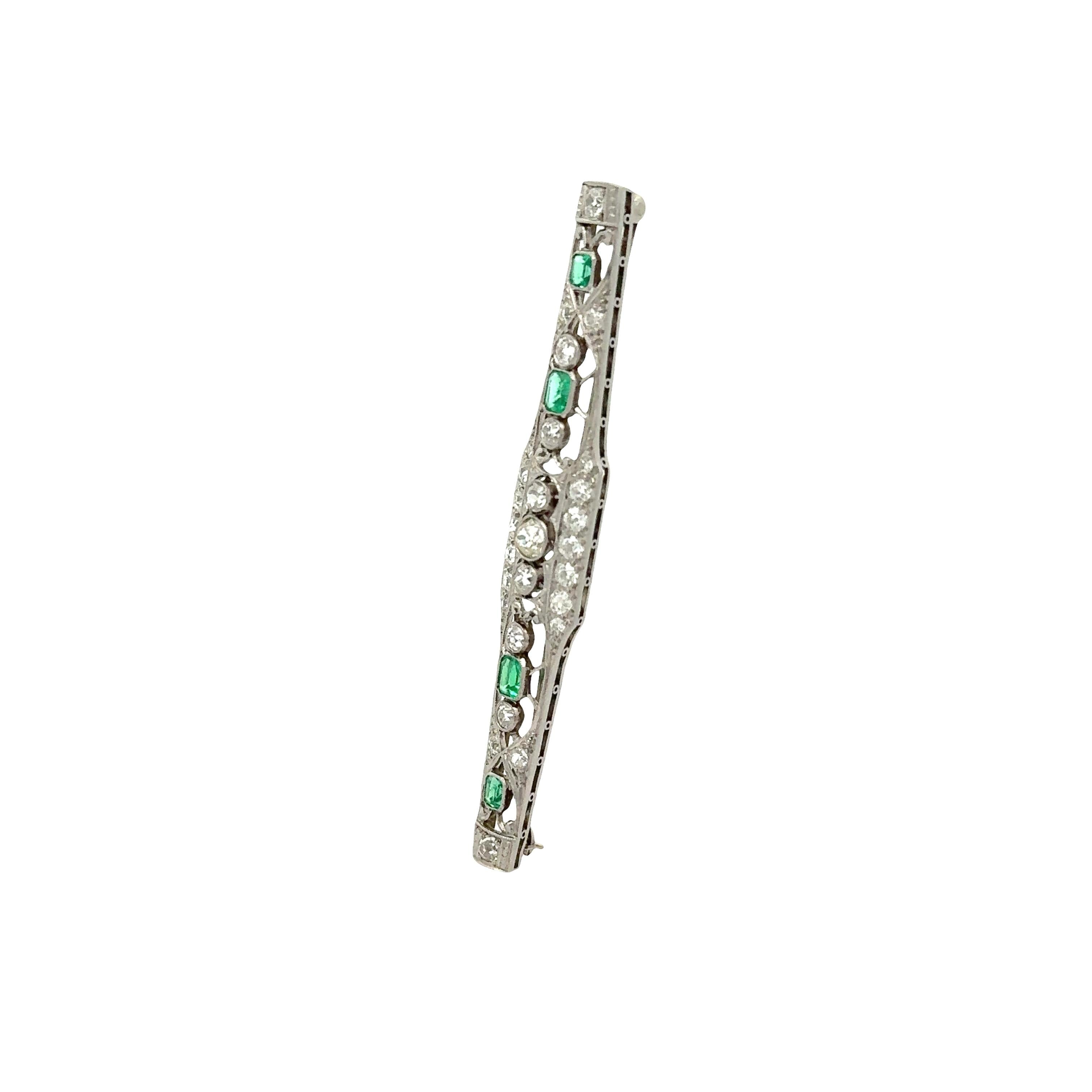 Art Deco Emerald Diamond Platinum Brooch