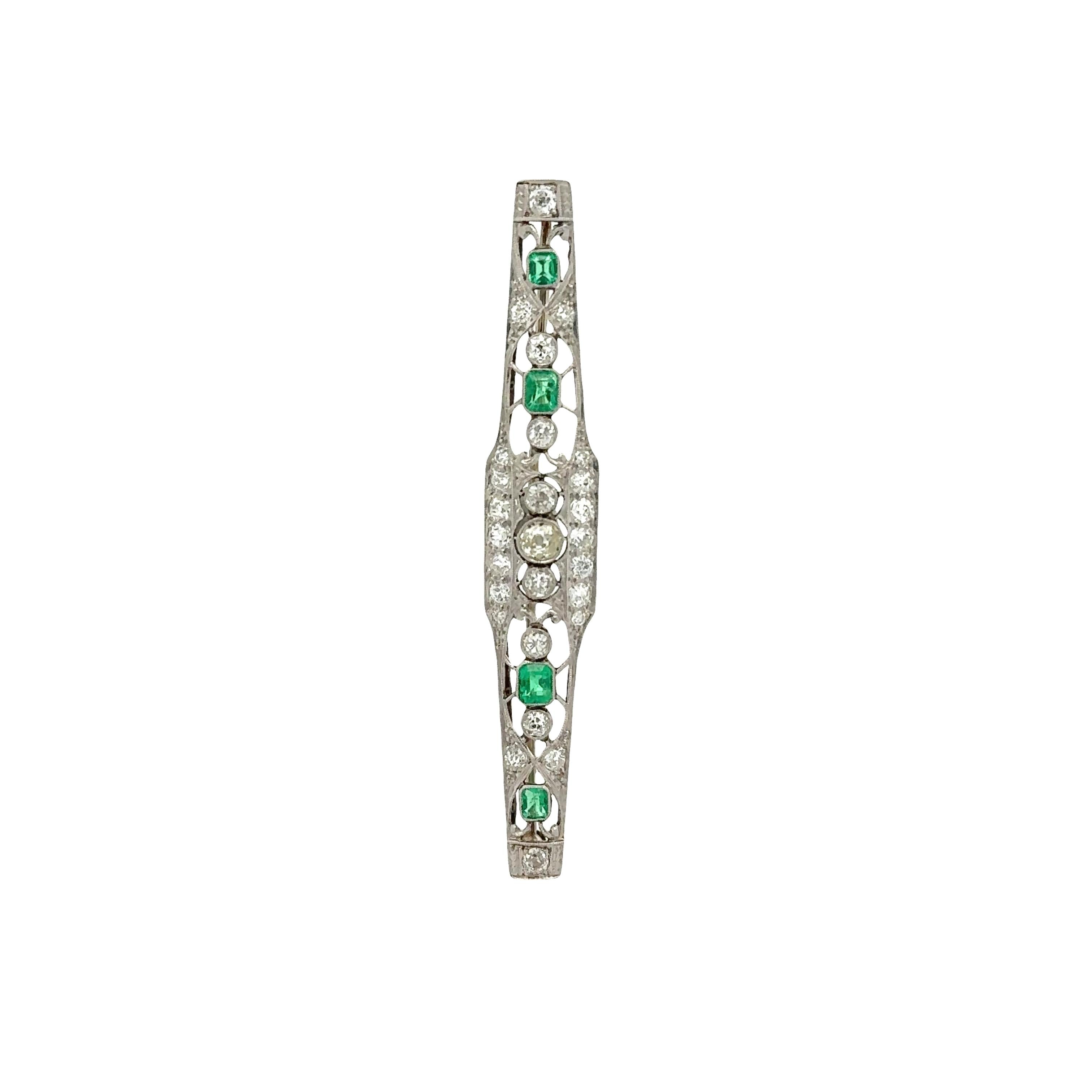 Art Deco Emerald Diamond Platinum Brooch