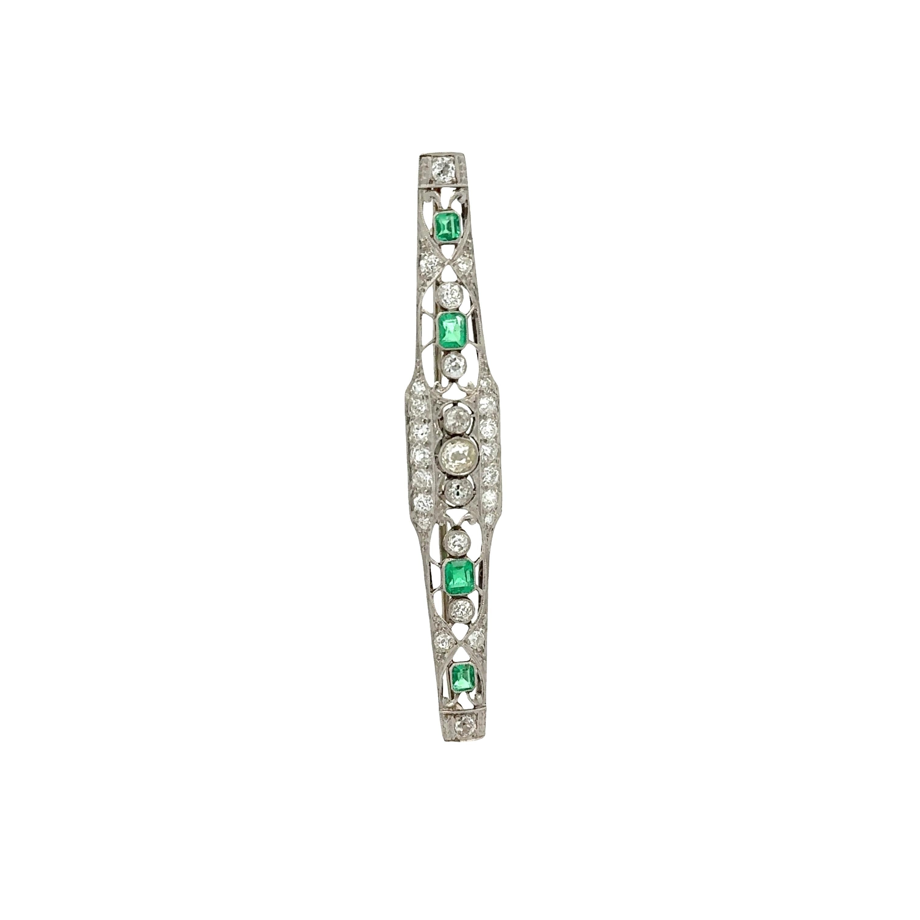 Art Deco Emerald Diamond Platinum Brooch