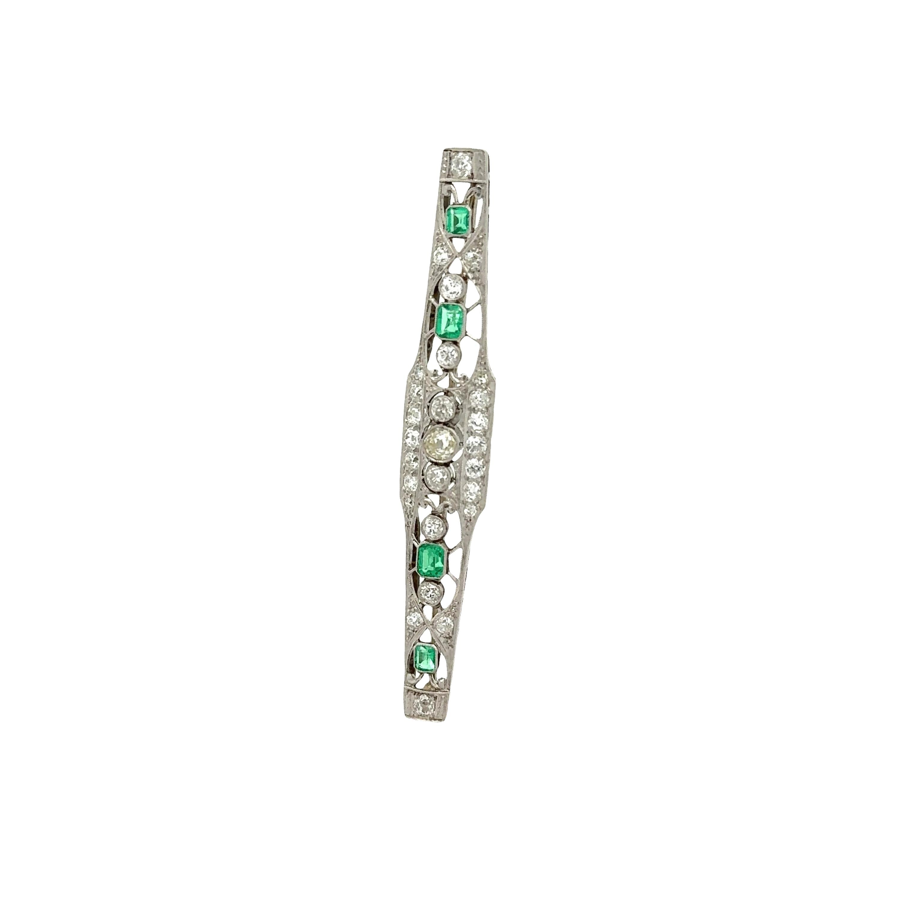Art Deco Emerald Diamond Platinum Brooch
