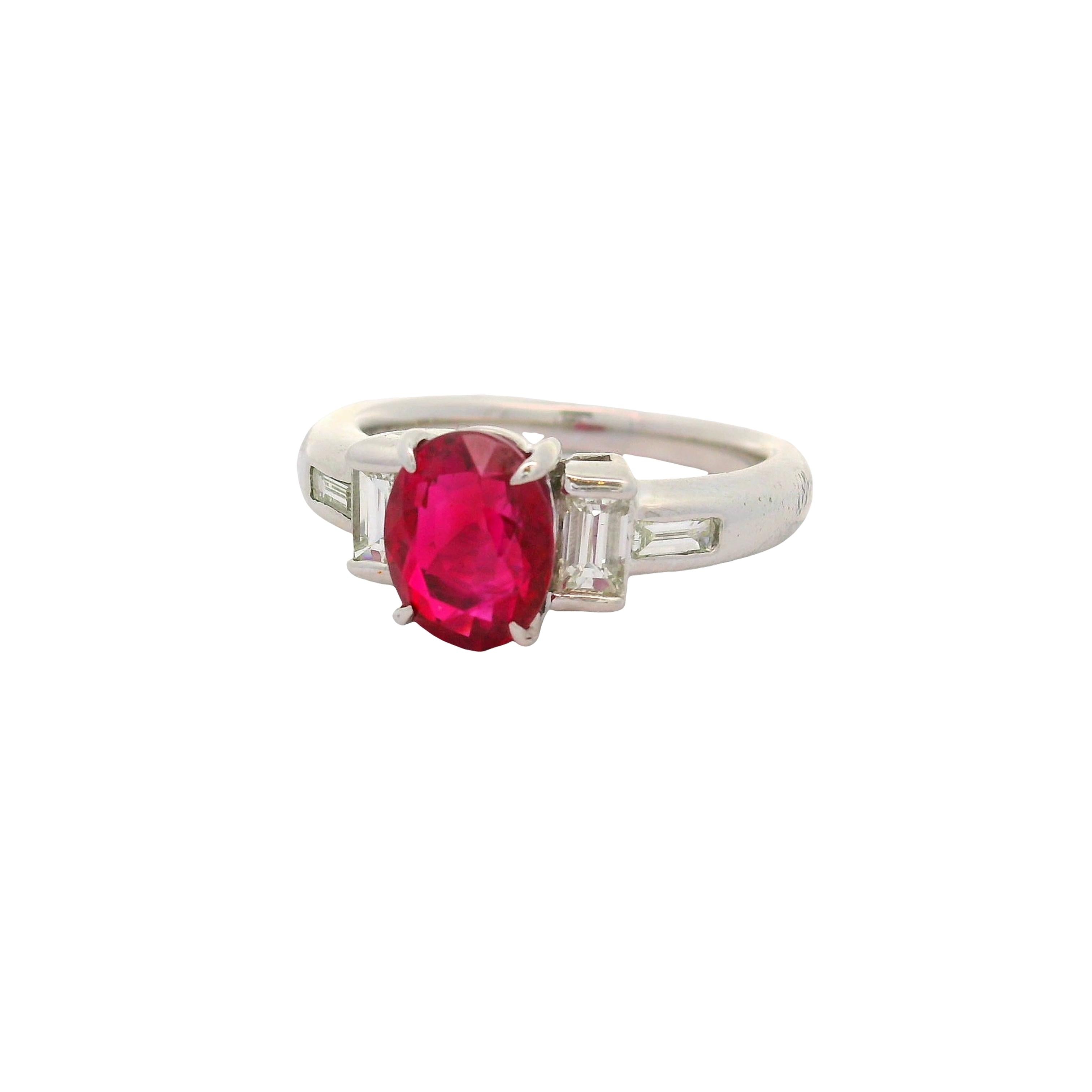 2.01 Carat Burmese Ruby Diamond Platinum Three-Stone Ring, GIA Certified