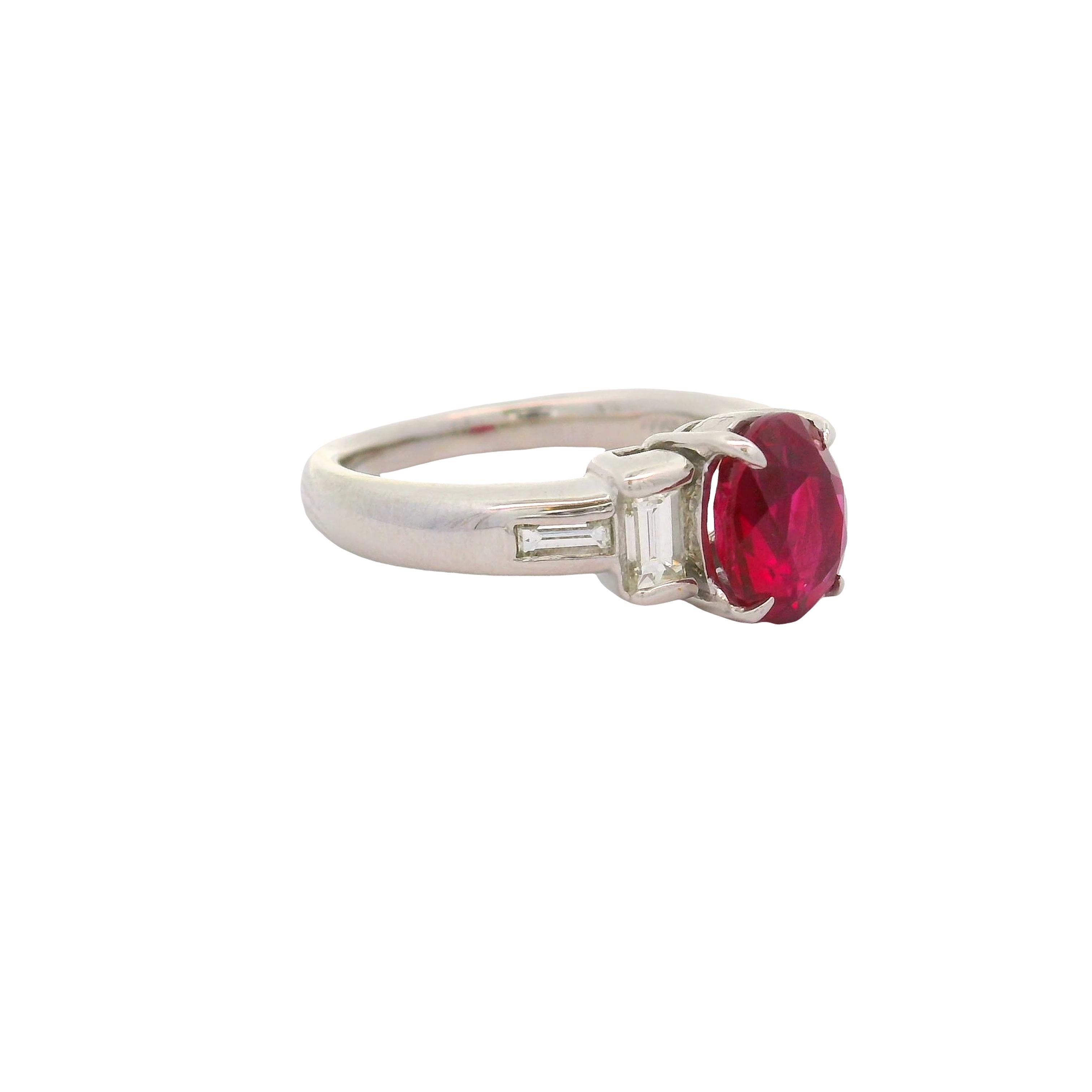 2.01 Carat Burmese Ruby Diamond Platinum Three-Stone Ring, GIA Certified