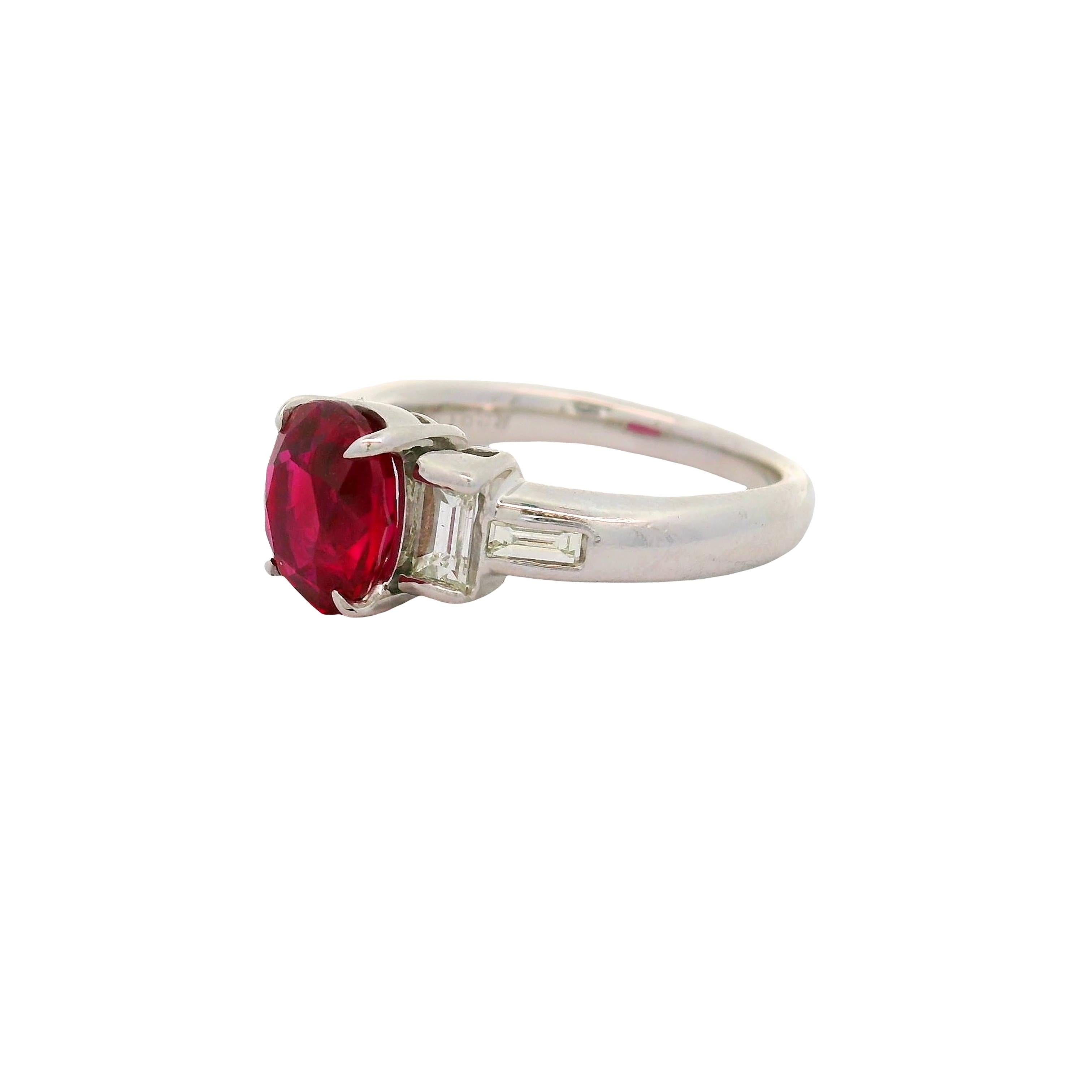 2.01 Carat Burmese Ruby Diamond Platinum Three-Stone Ring, GIA Certified