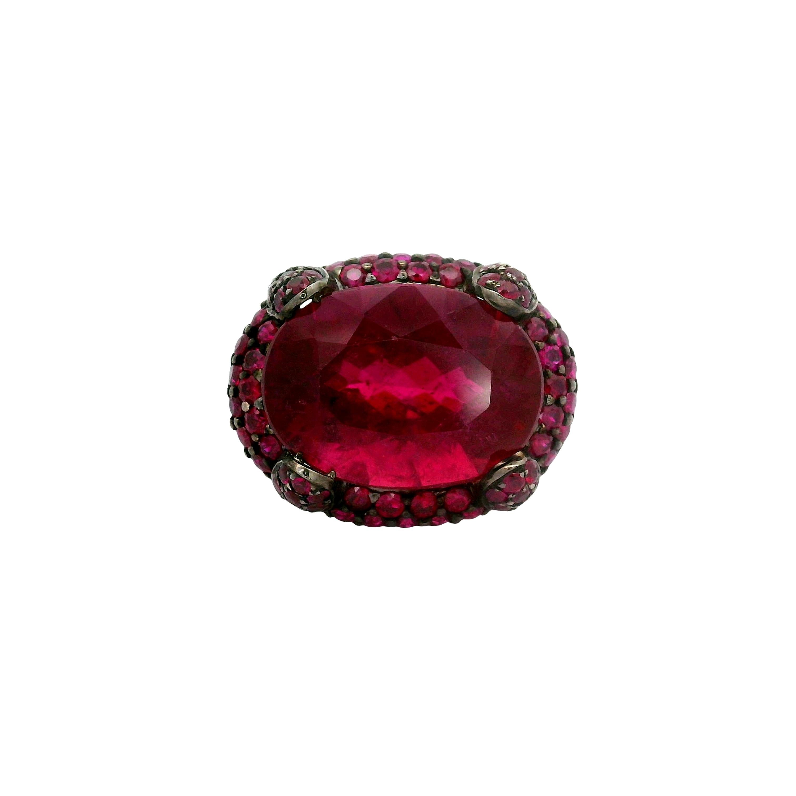 14.16 Carat Rubellite Tourmaline Ruby 18k White Gold Cocktail Ring