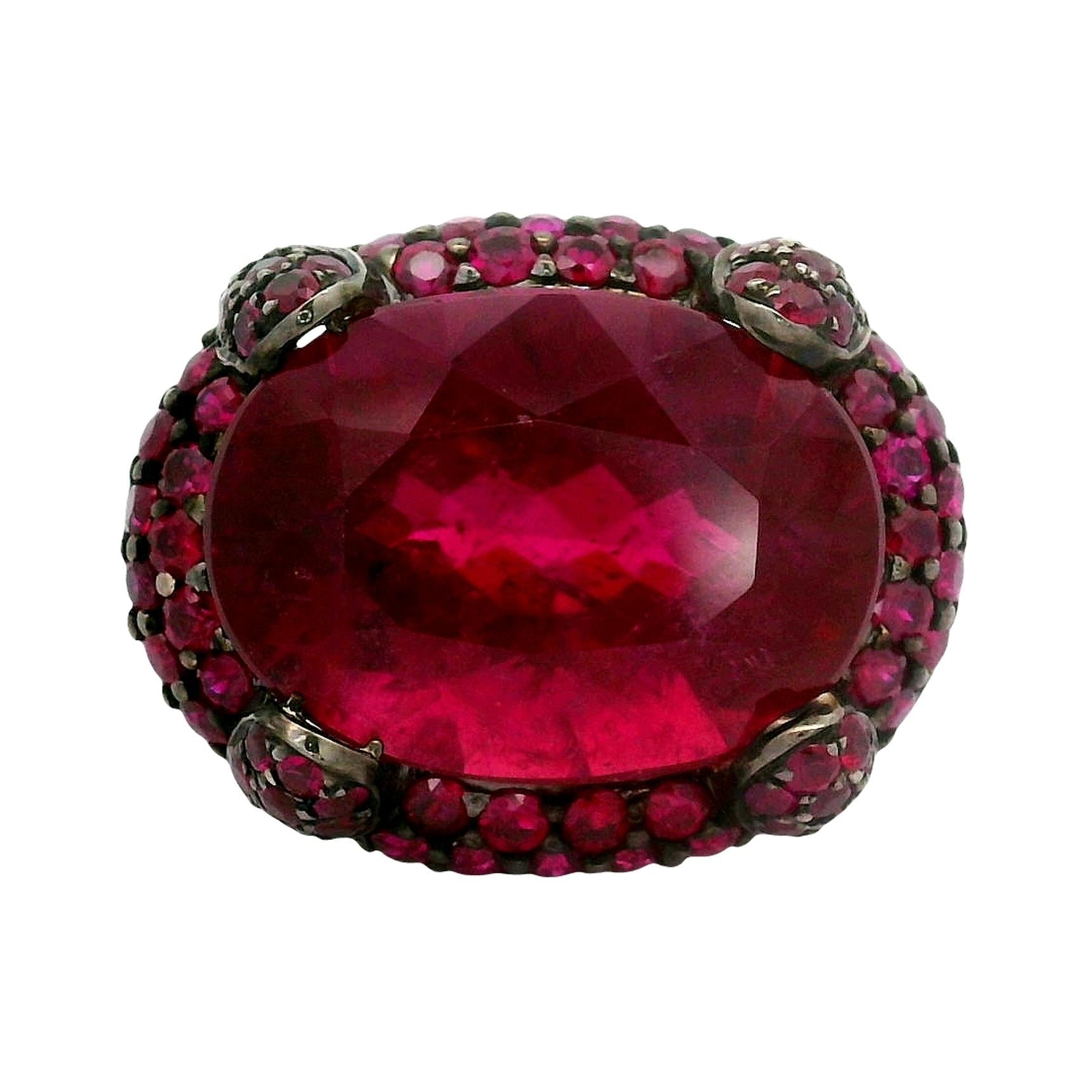 14.16 Carat Rubellite Tourmaline Ruby 18k White Gold Cocktail Ring