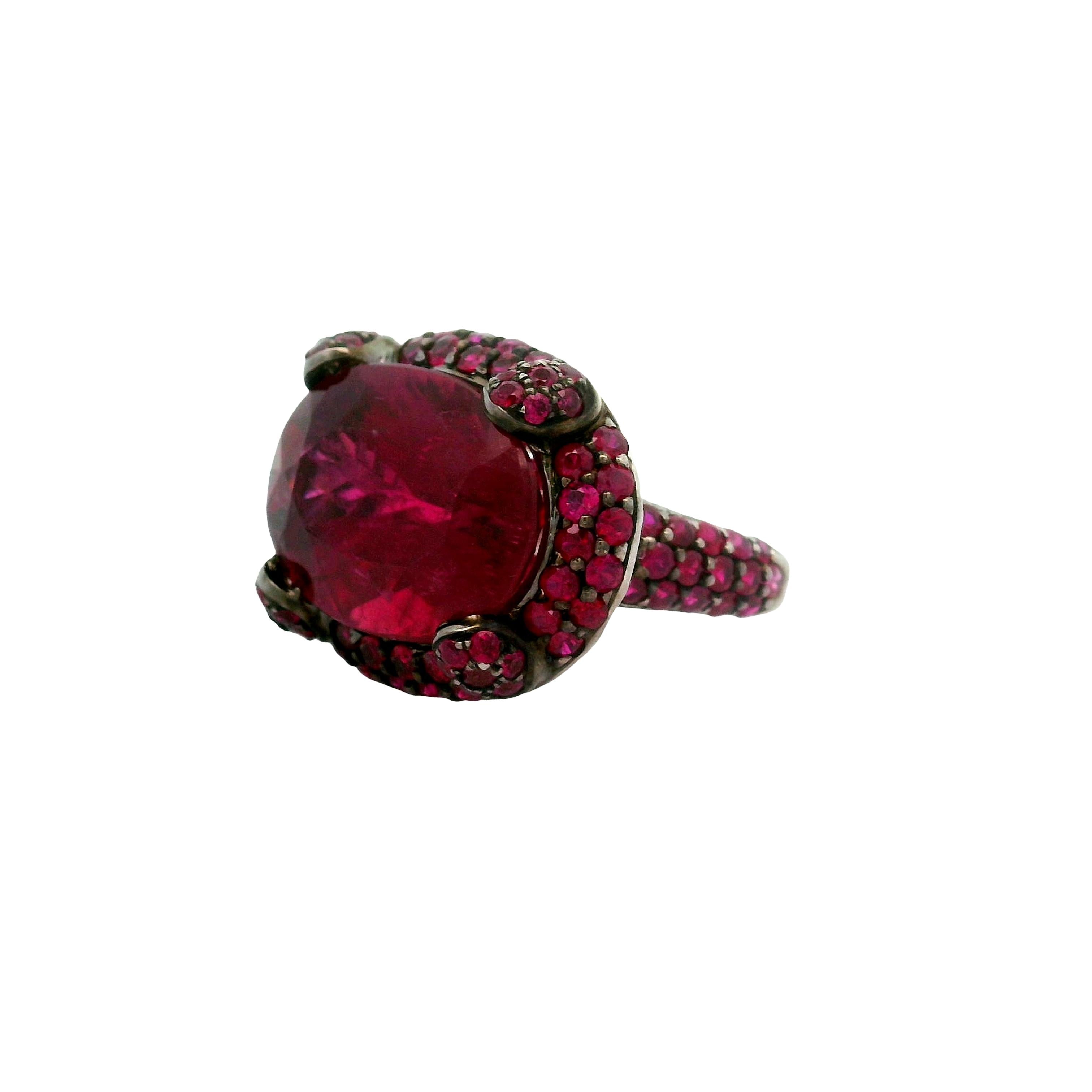 14.16 Carat Rubellite Tourmaline Ruby 18k White Gold Cocktail Ring