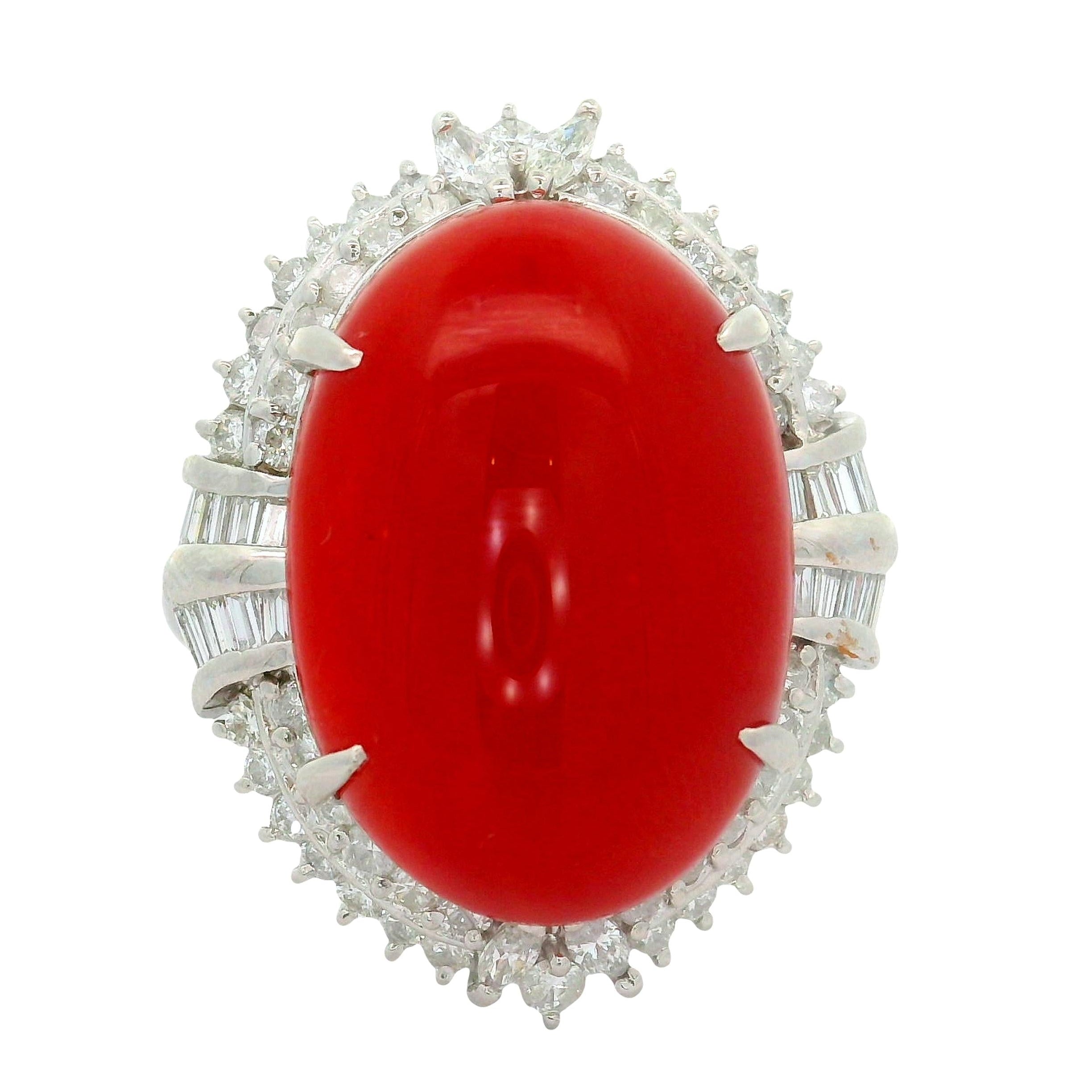 18.43 Carat Ox-Blood Coral Diamond Platinum Cocktail Ring