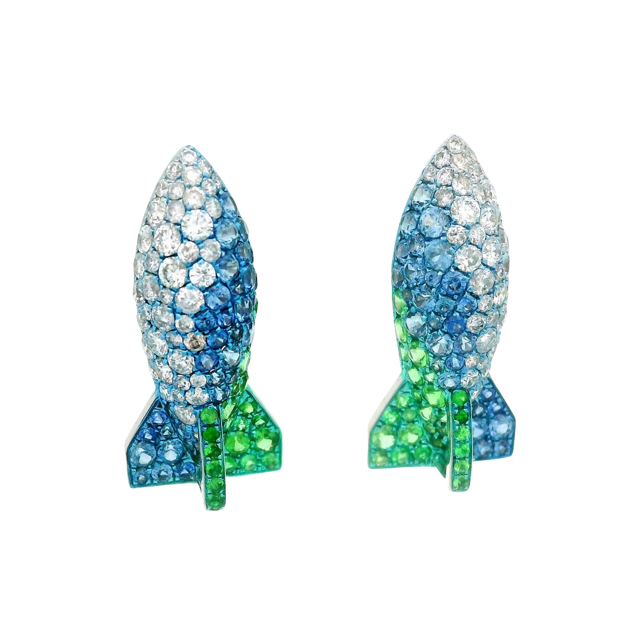 Diamond Sapphire Tsavorite 18k White Gold Rocket Earrings