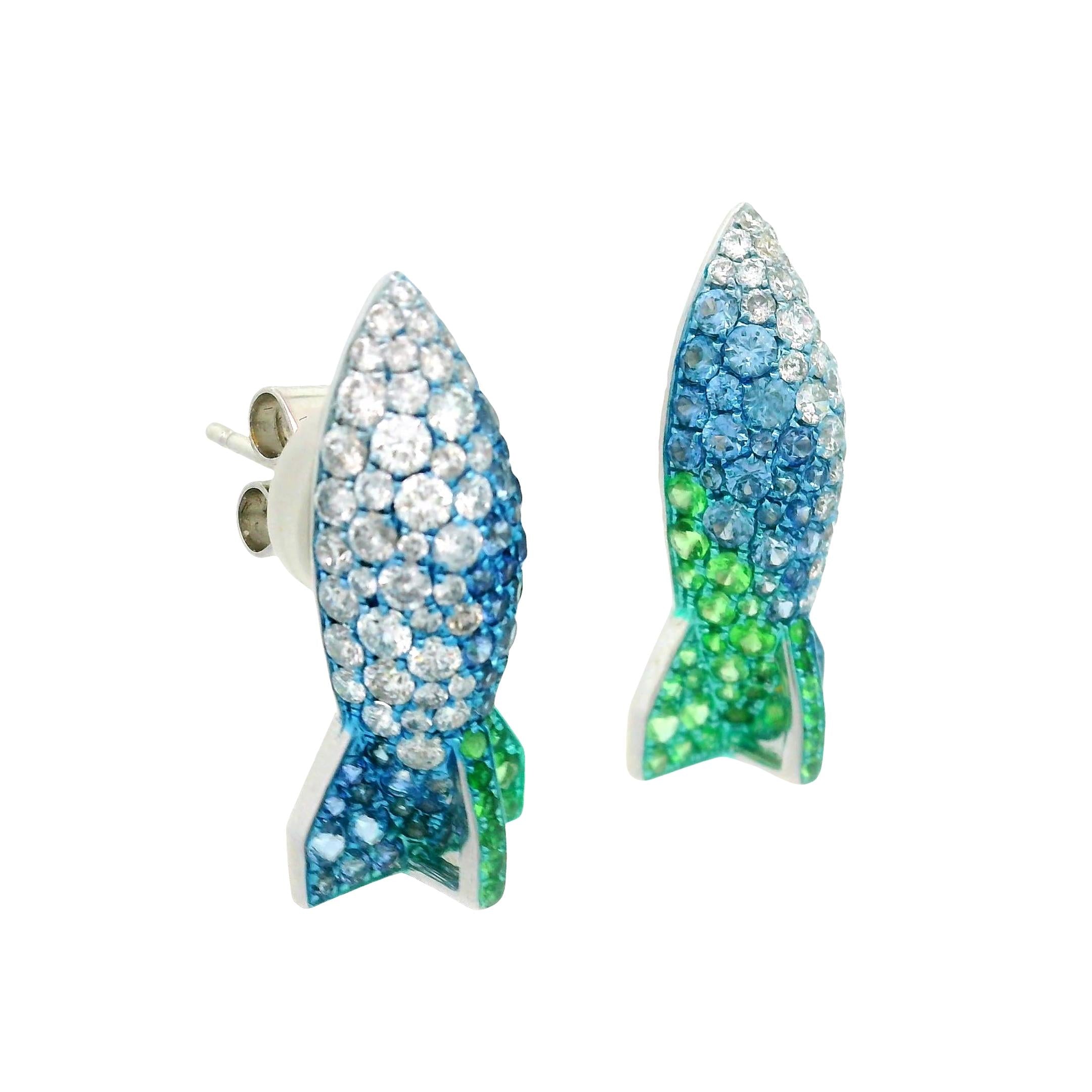Diamond Sapphire Tsavorite 18k White Gold Rocket Earrings