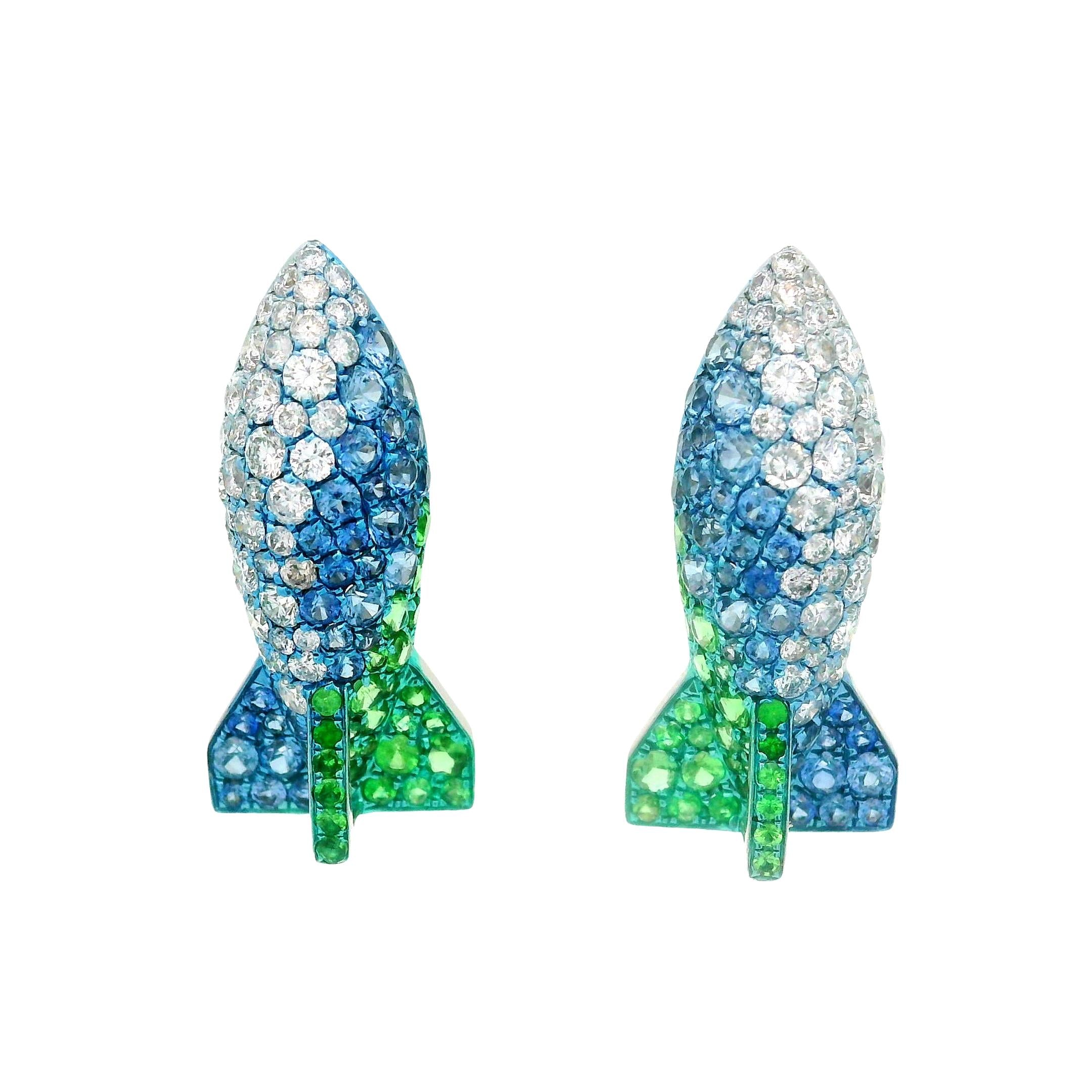 Diamond Sapphire Tsavorite 18k White Gold Rocket Earrings