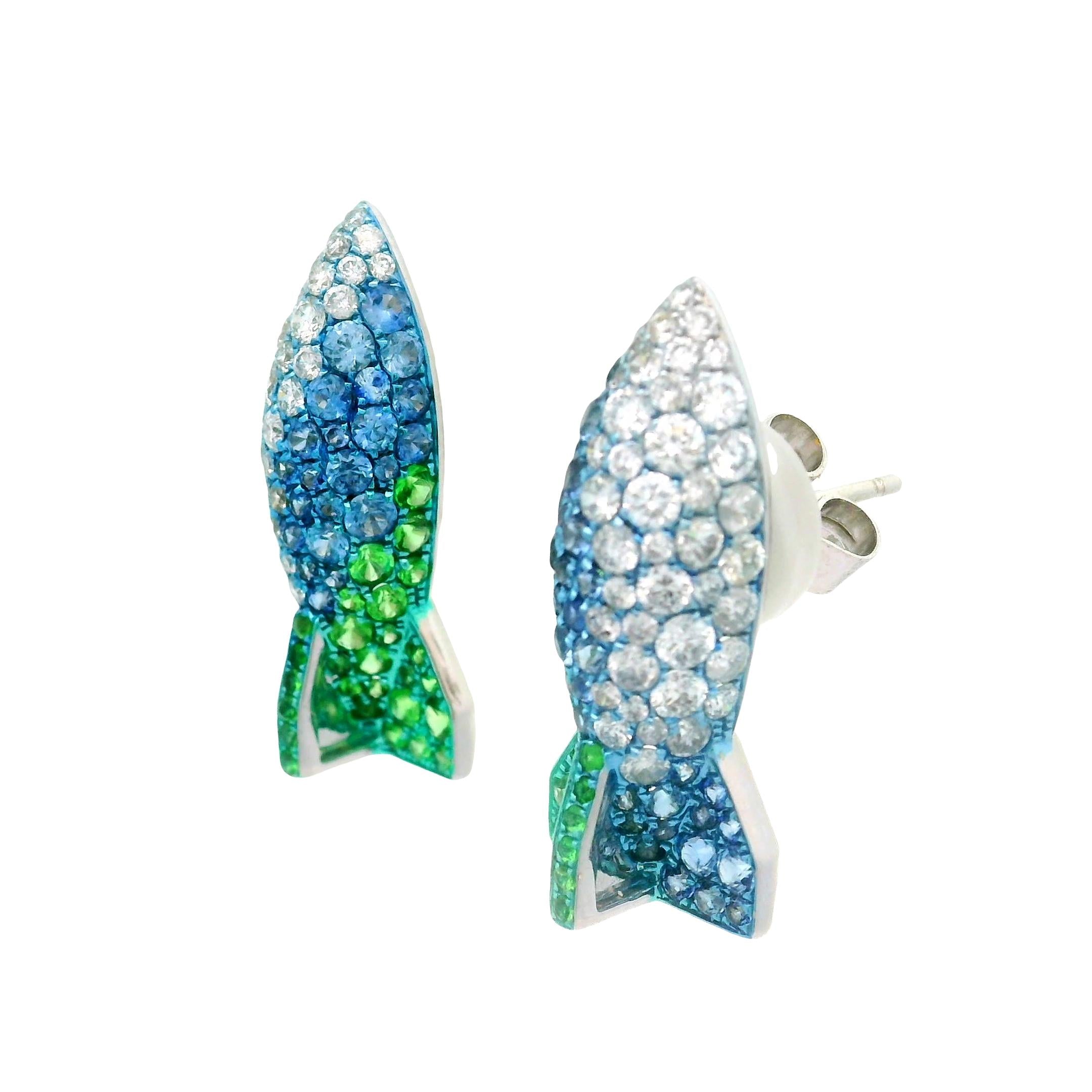 Diamond Sapphire Tsavorite 18k White Gold Rocket Earrings