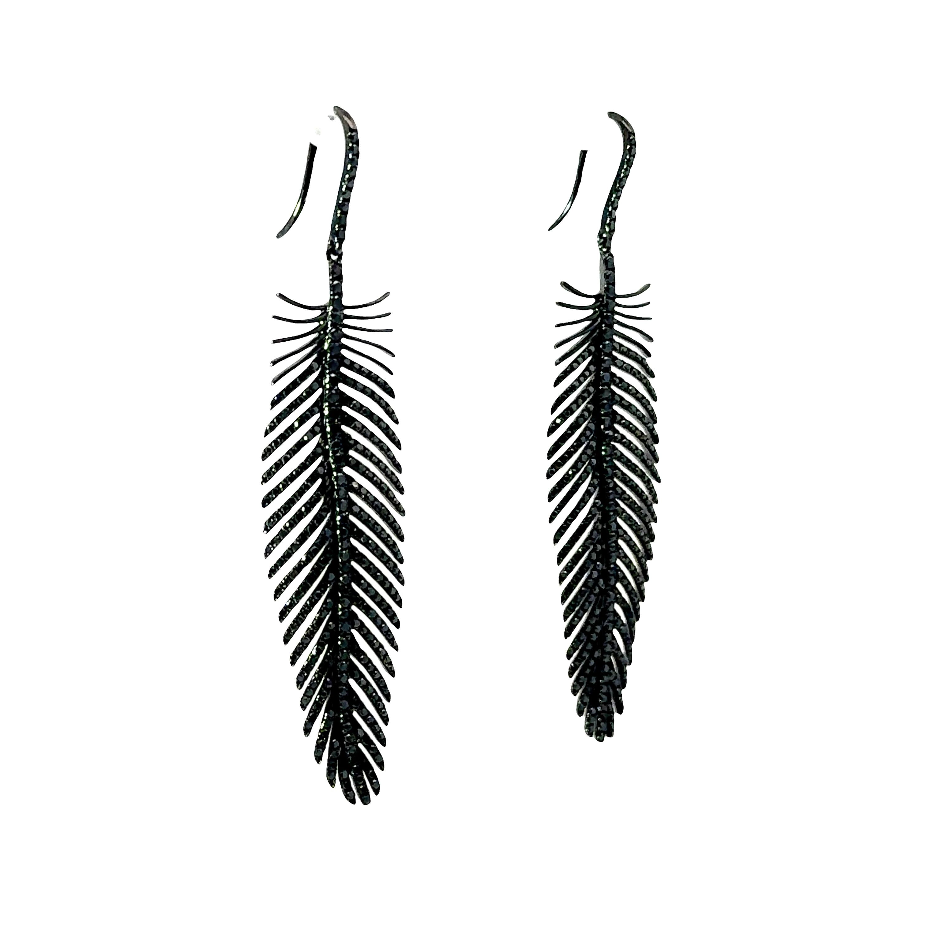 Black Diamond 18k Gold Feather Hook Earrings