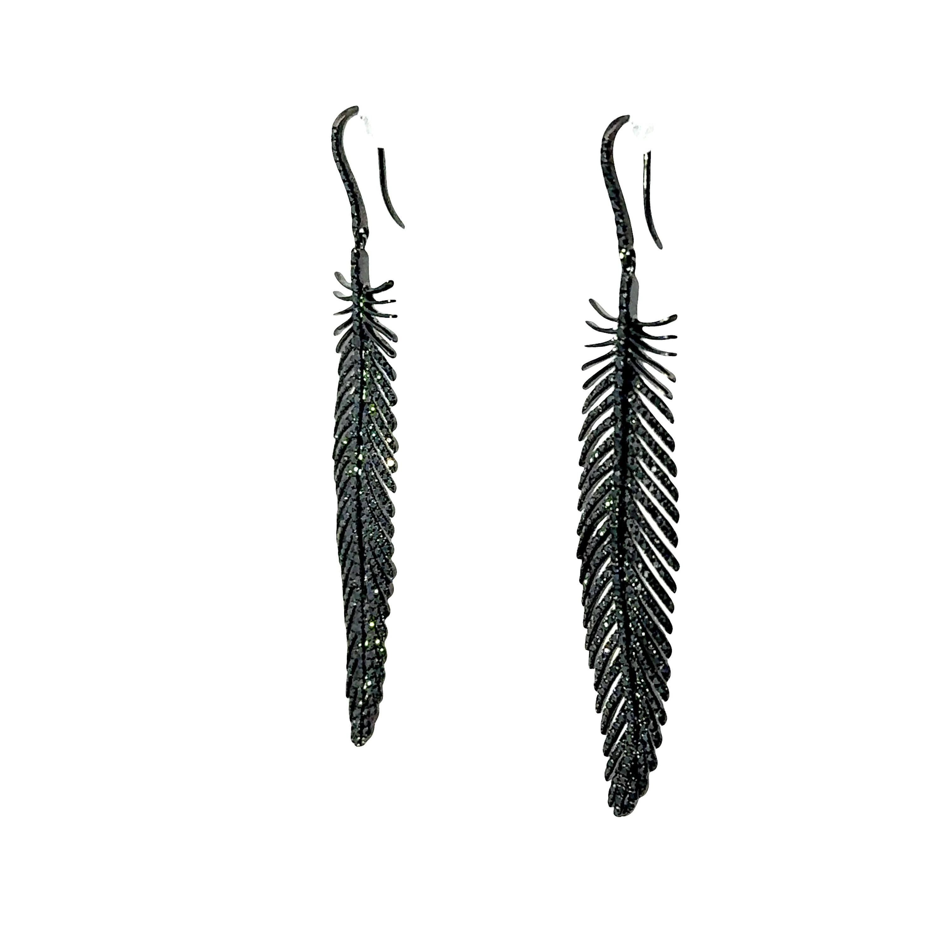 Black Diamond 18k Gold Feather Hook Earrings