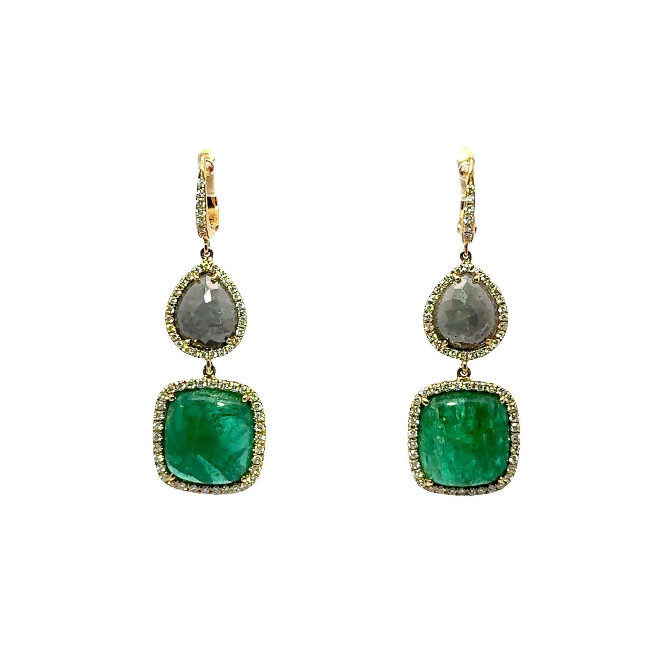 Emerald Diamond 18k Yellow Gold Drop Earrings