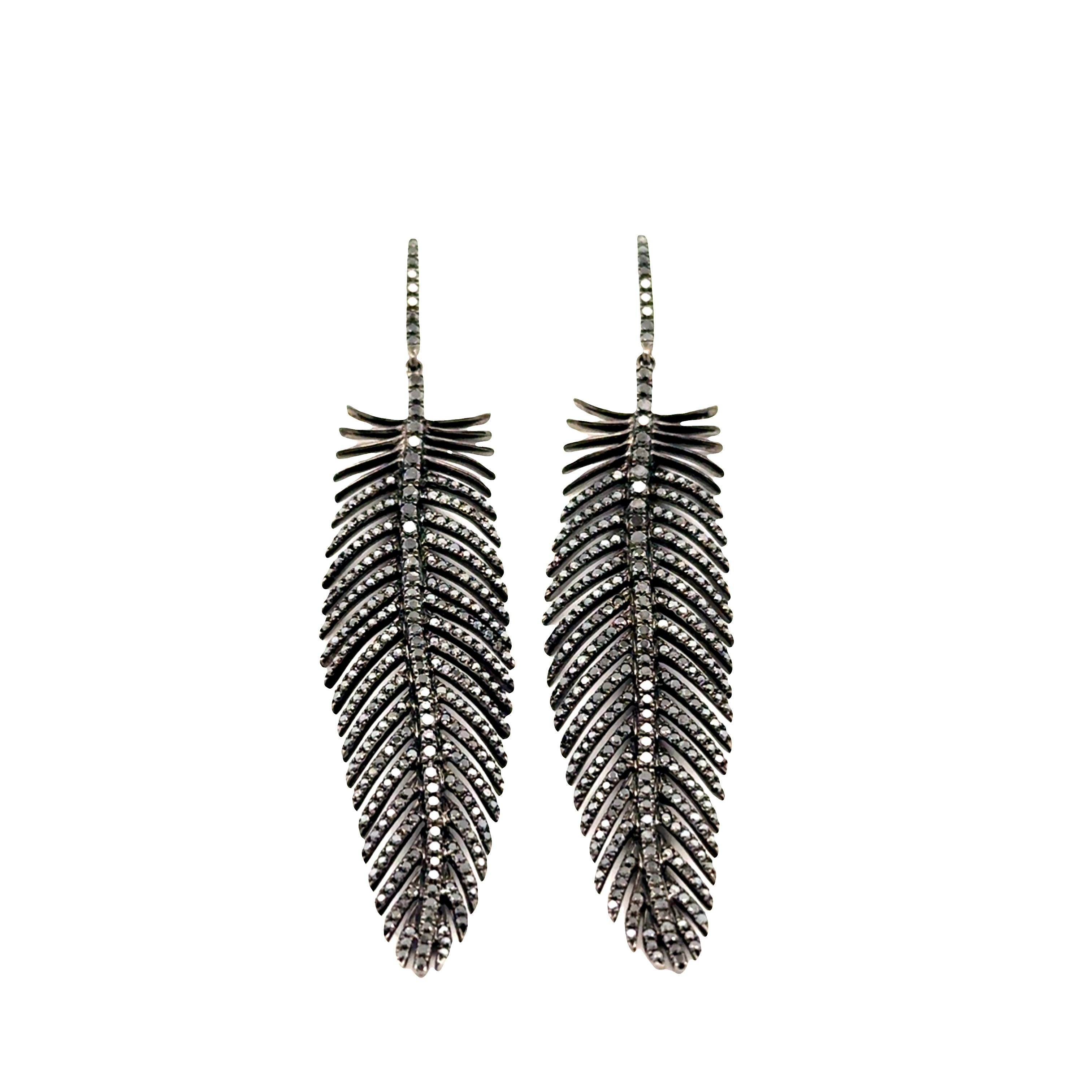 Black Diamond 18k Gold Feather Hook Earrings