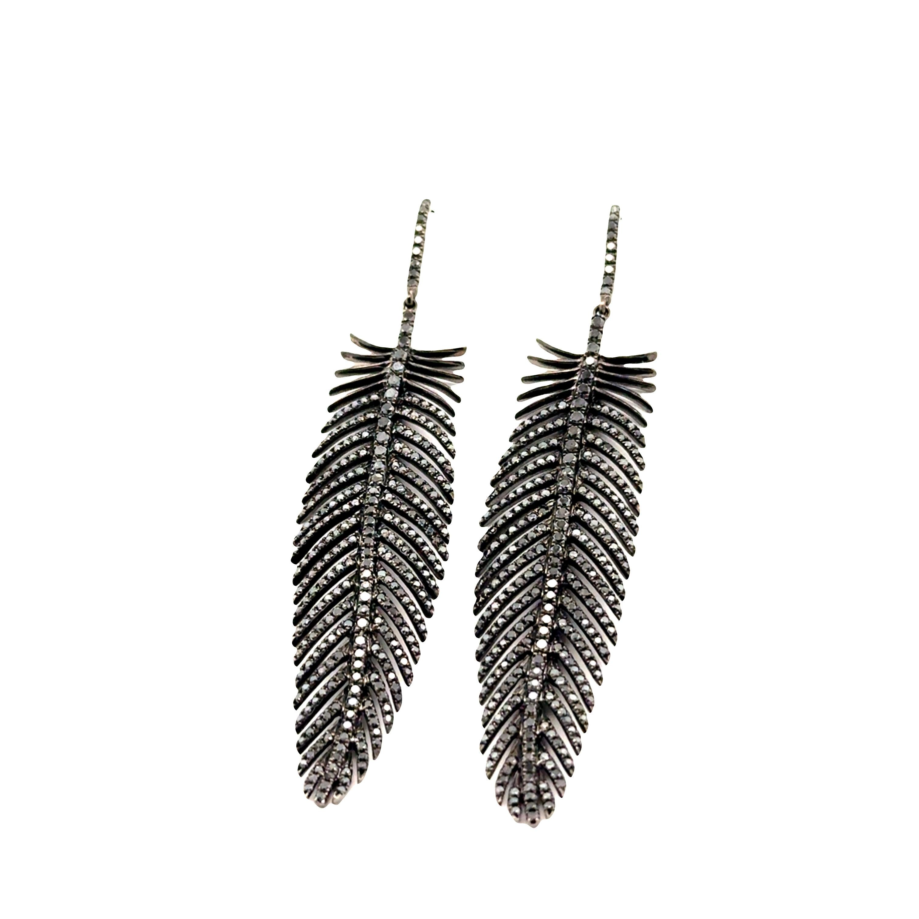 Black Diamond 18k Gold Feather Hook Earrings
