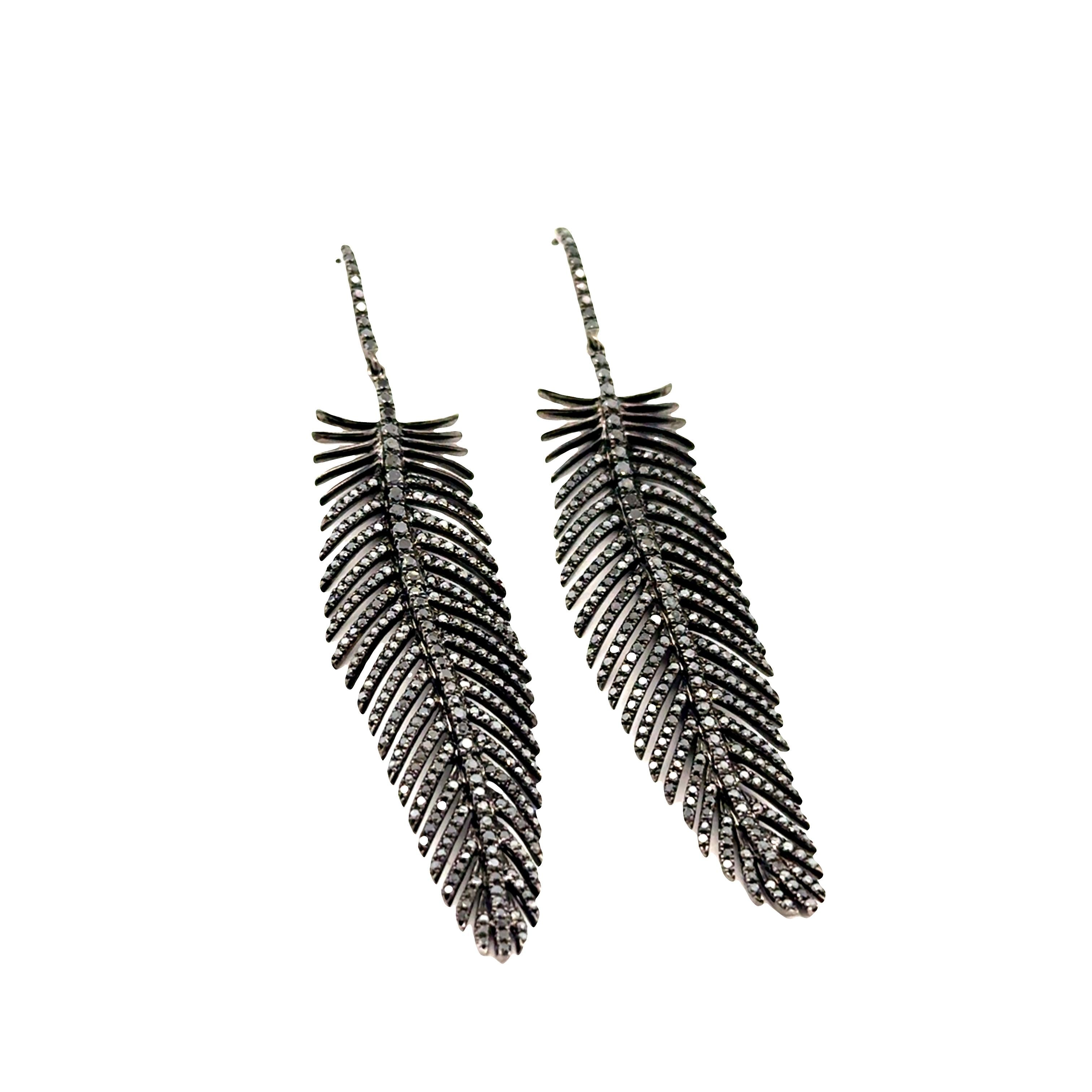 Black Diamond 18k Gold Feather Hook Earrings