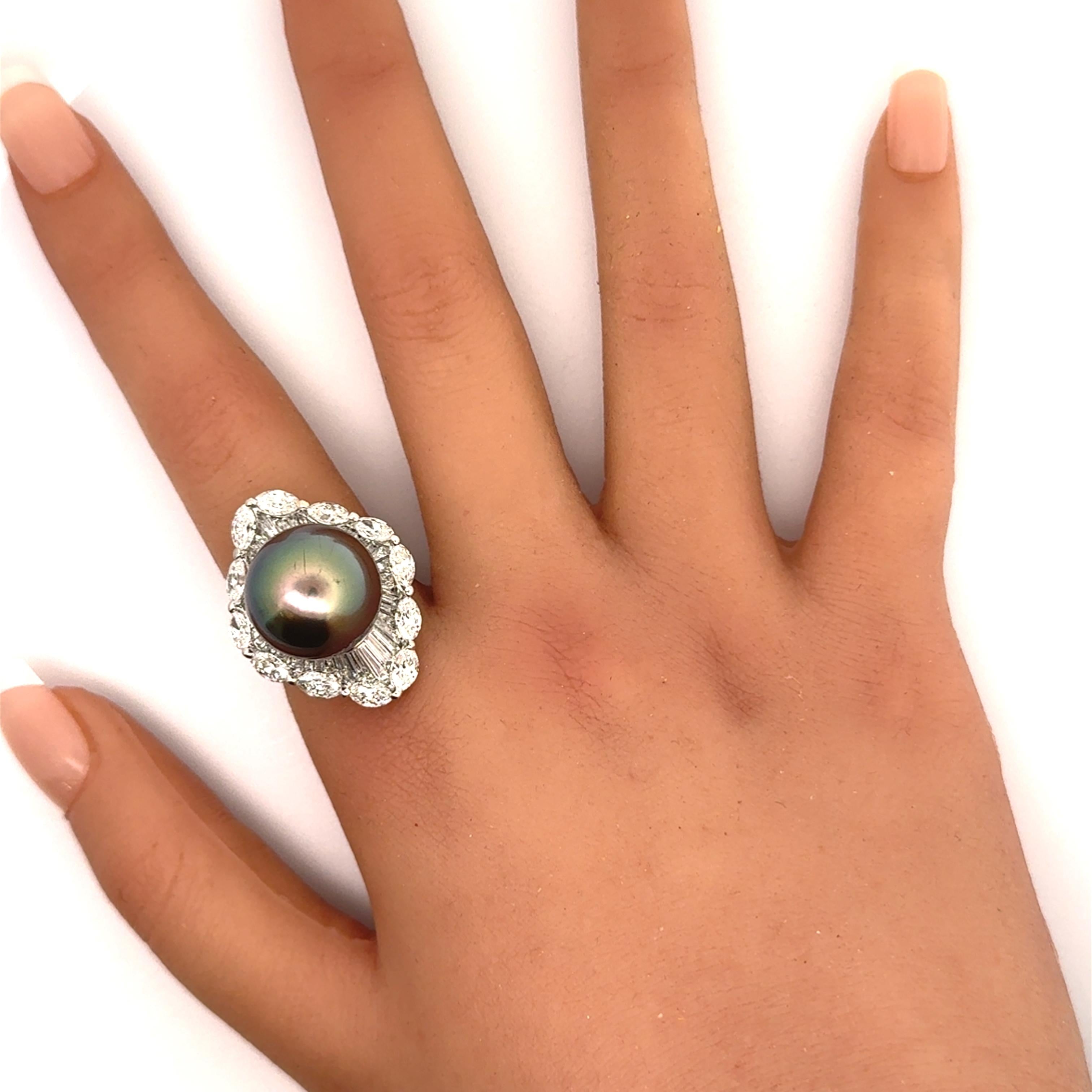 15mm Tahitian Pearl Diamond Platinum Cocktail Ring