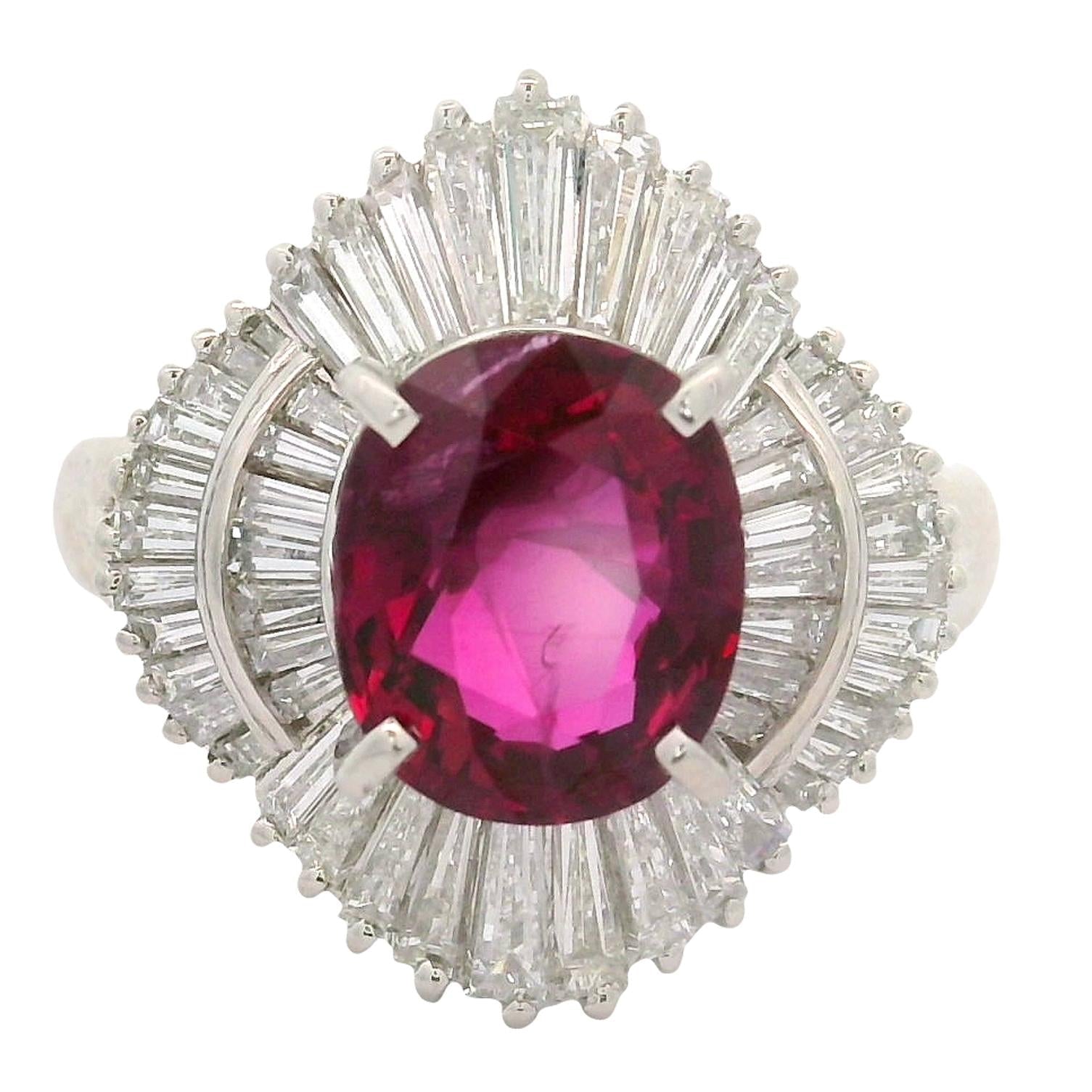 3.11 Carat Thai Ruby Diamond Platinum Ballerina Ring, GIA Certified