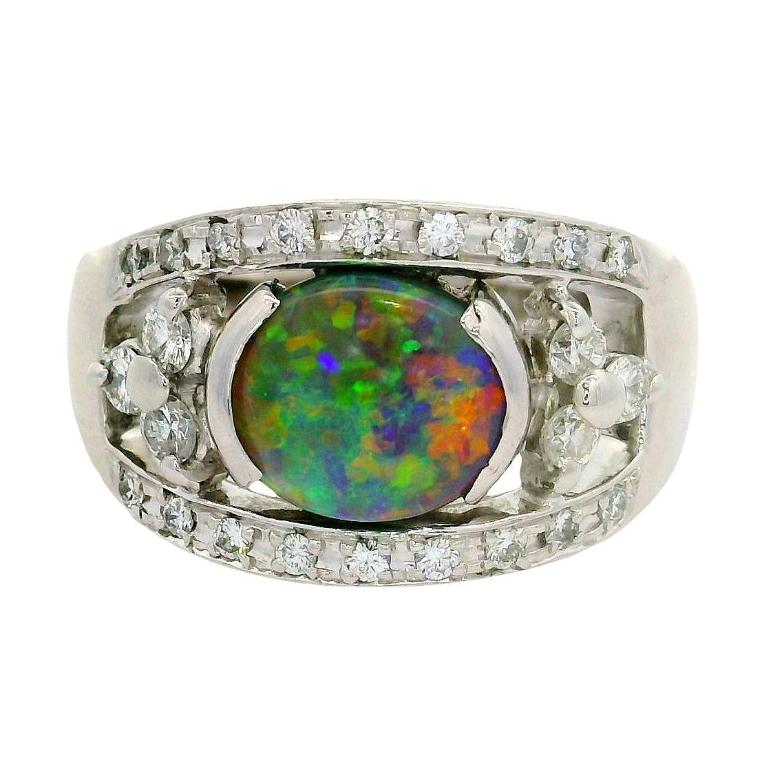 1.37 Carat Australian Black Opal Diamond 18K White Gold Ring
