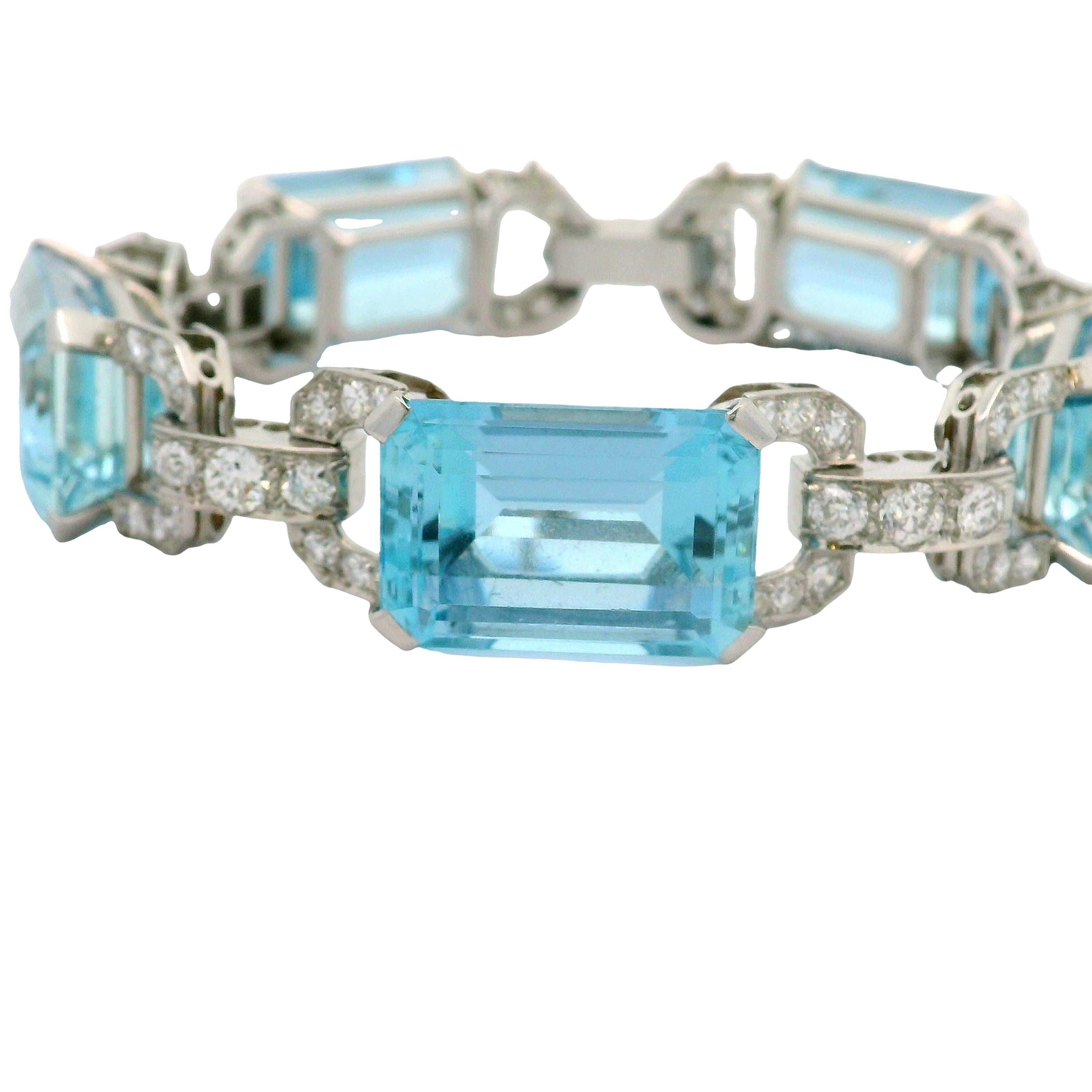 Art Deco Aquamarine Diamond Platinum Link Bracelet