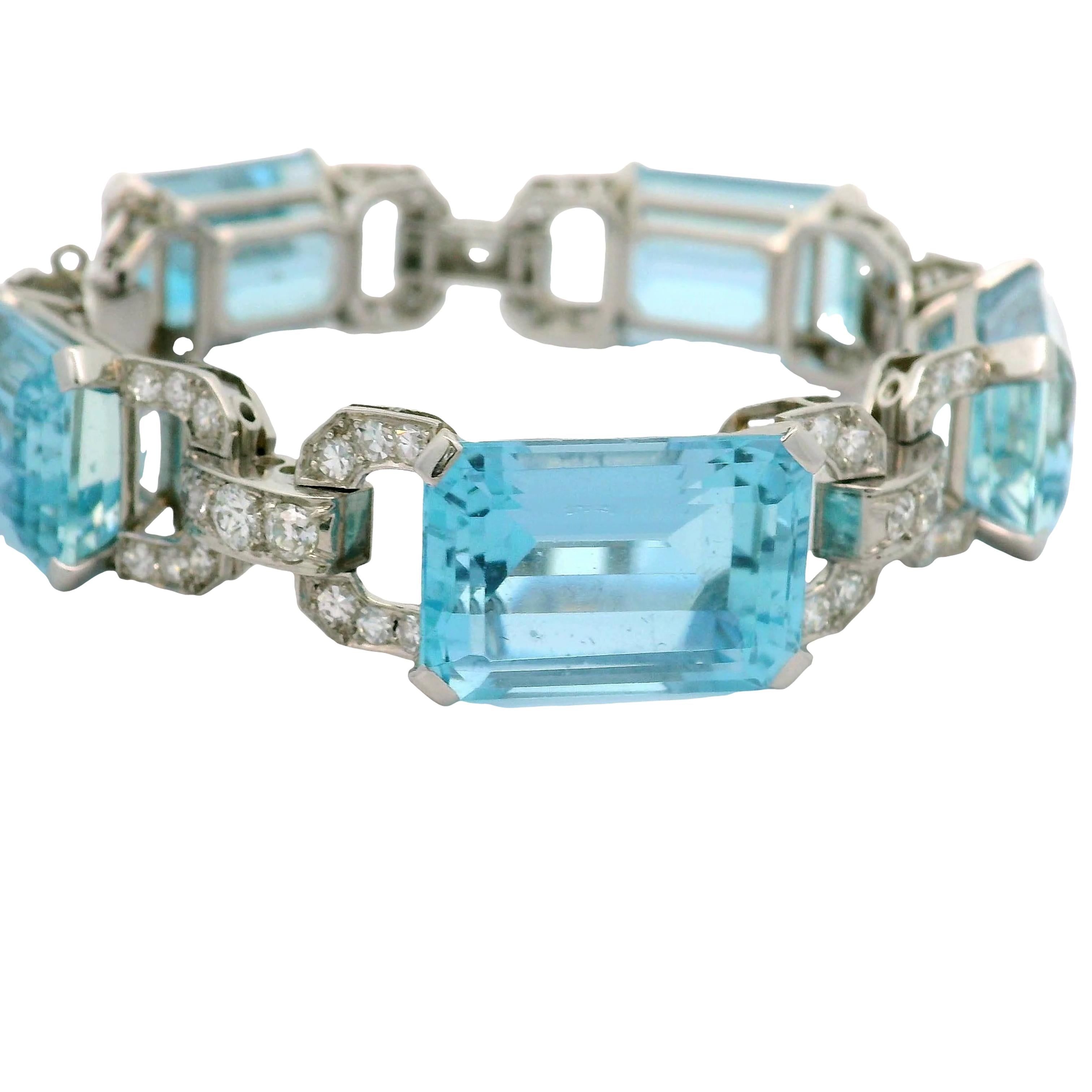 Art Deco Aquamarine Diamond Platinum Link Bracelet